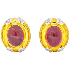 Rubellite Tourmaline Diamond 18 Karat Two-Tone Gold Ear-Clip Earrings