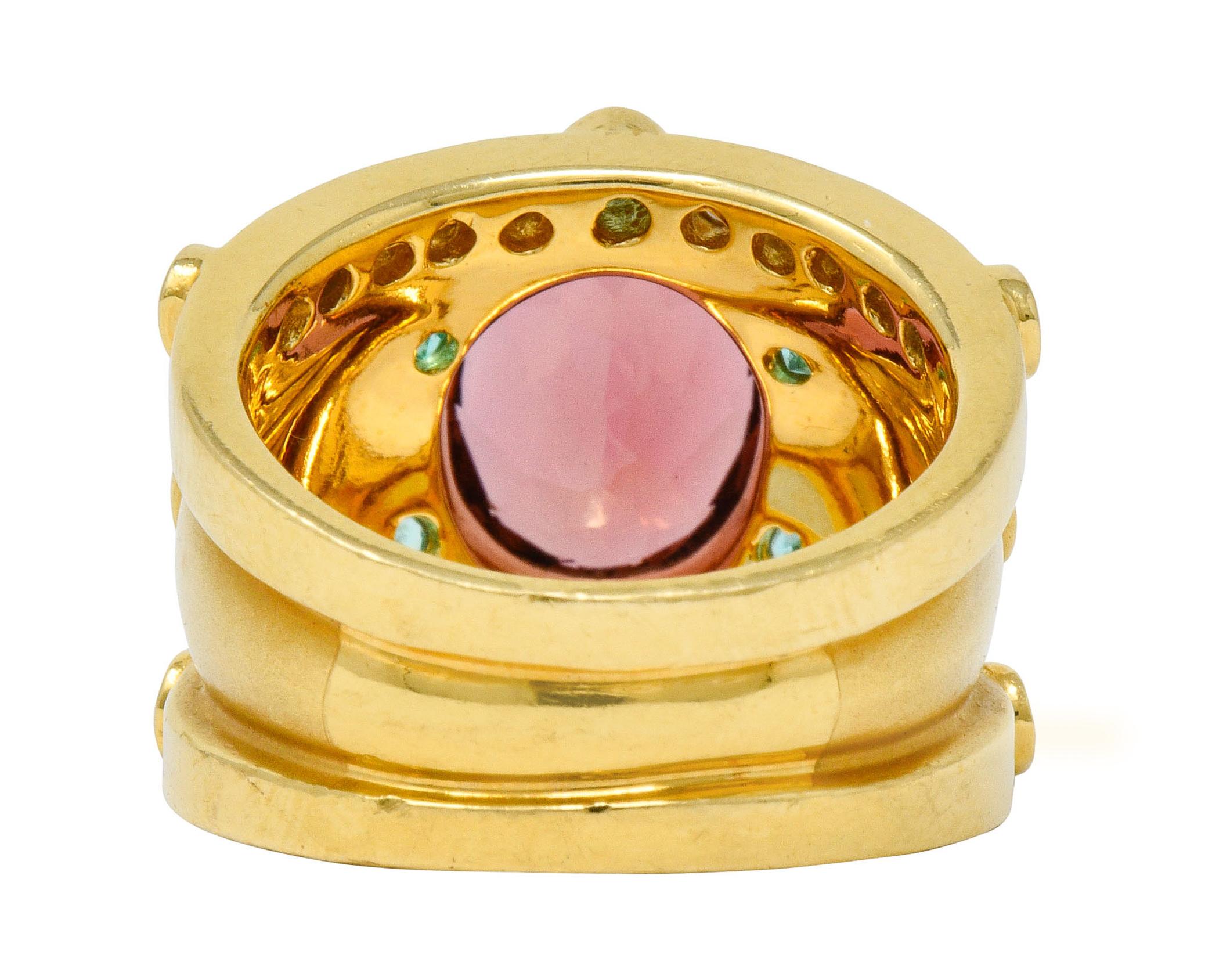 Contemporary Tourmaline Emerald Diamond 18 Karat Gold Statement Ring In Excellent Condition In Philadelphia, PA