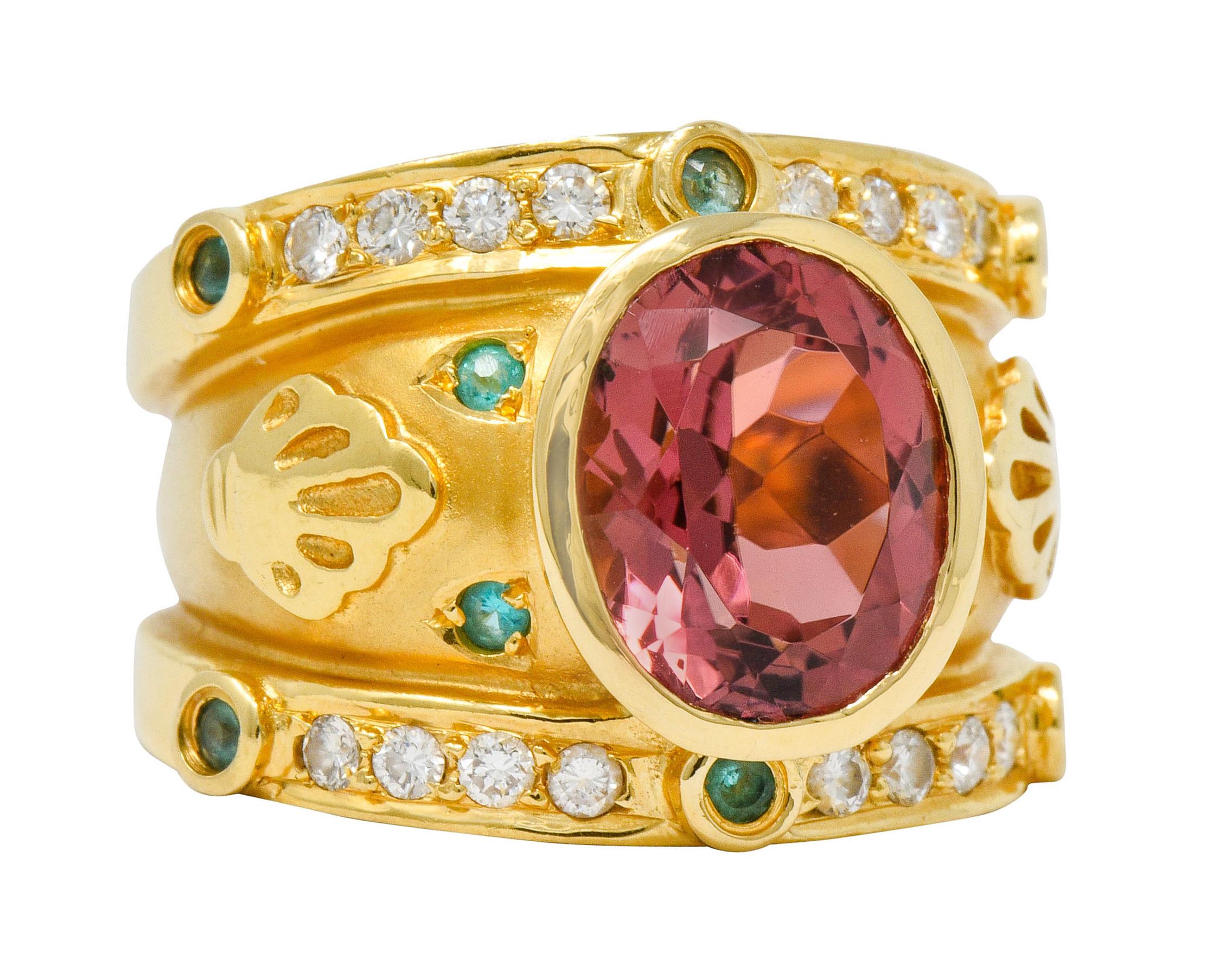 Contemporary Tourmaline Emerald Diamond 18 Karat Gold Statement Ring 2