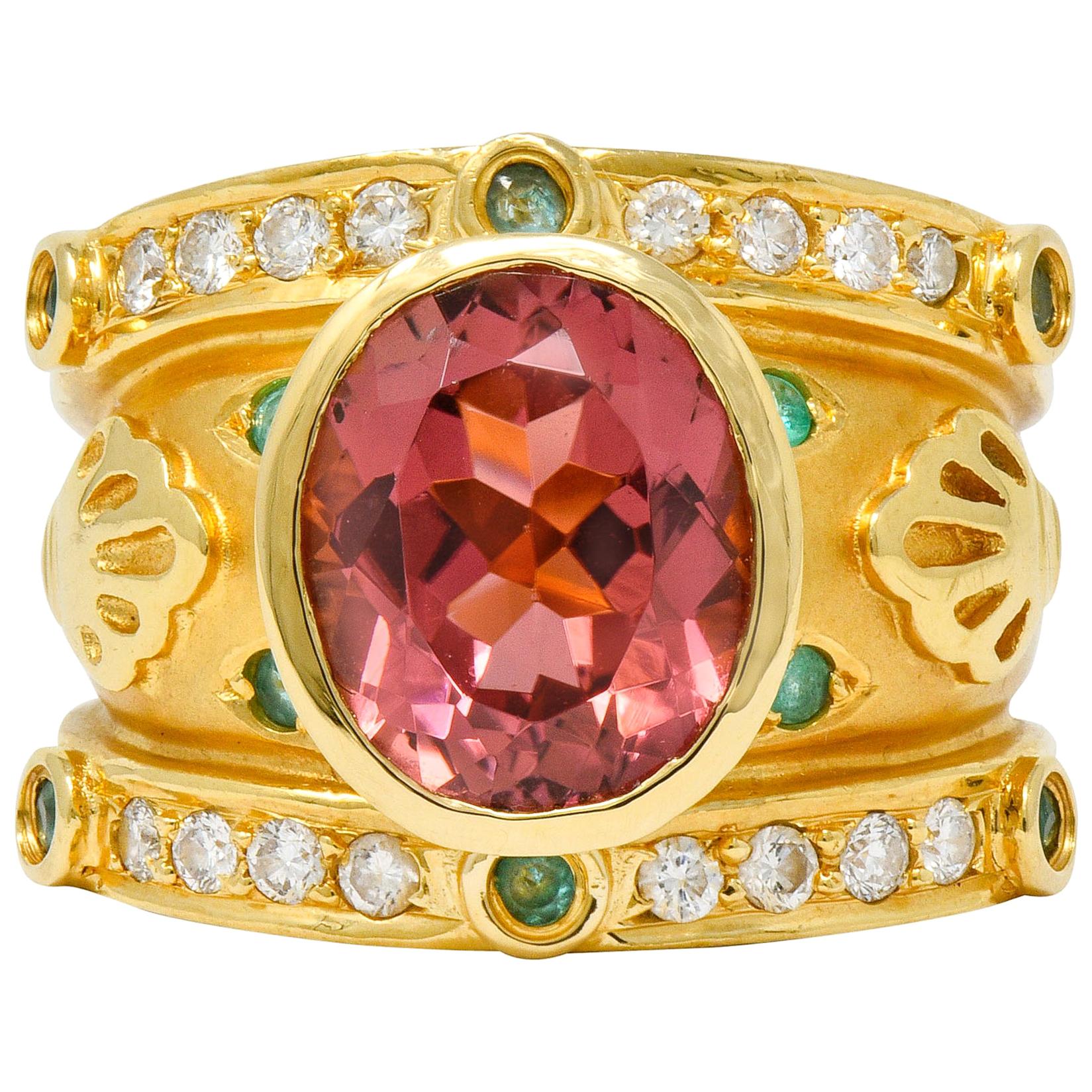 Contemporary Tourmaline Emerald Diamond 18 Karat Gold Statement Ring