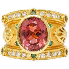 Contemporary Tourmaline Emerald Diamond 18 Karat Gold Statement Ring