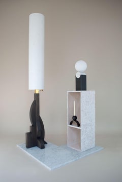 Contemporary Tower Floor Lamp with Geometric Oak Base and Japanese Paper Shade