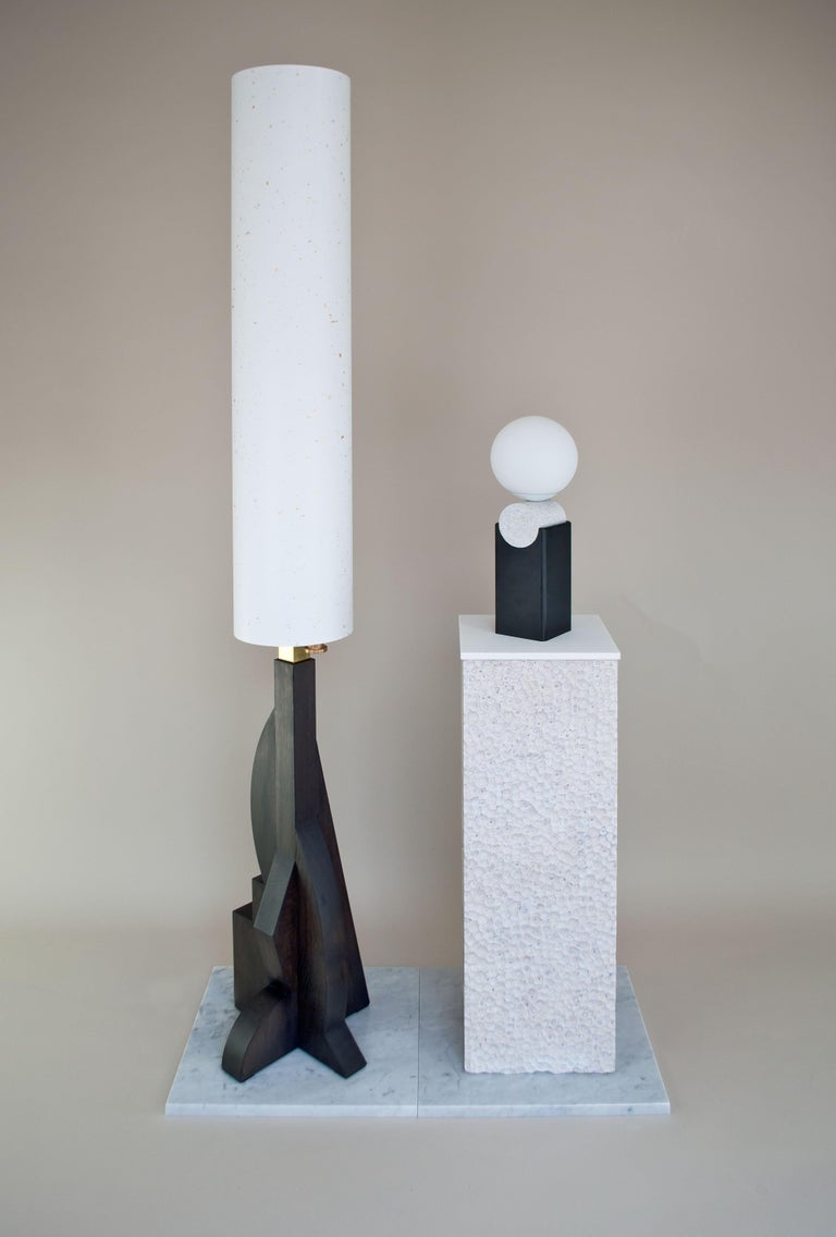 Contemporary Tower Floor Lamp with Geometric Oak Base and ... Lightweight wood frame finished in a lacquered natural.