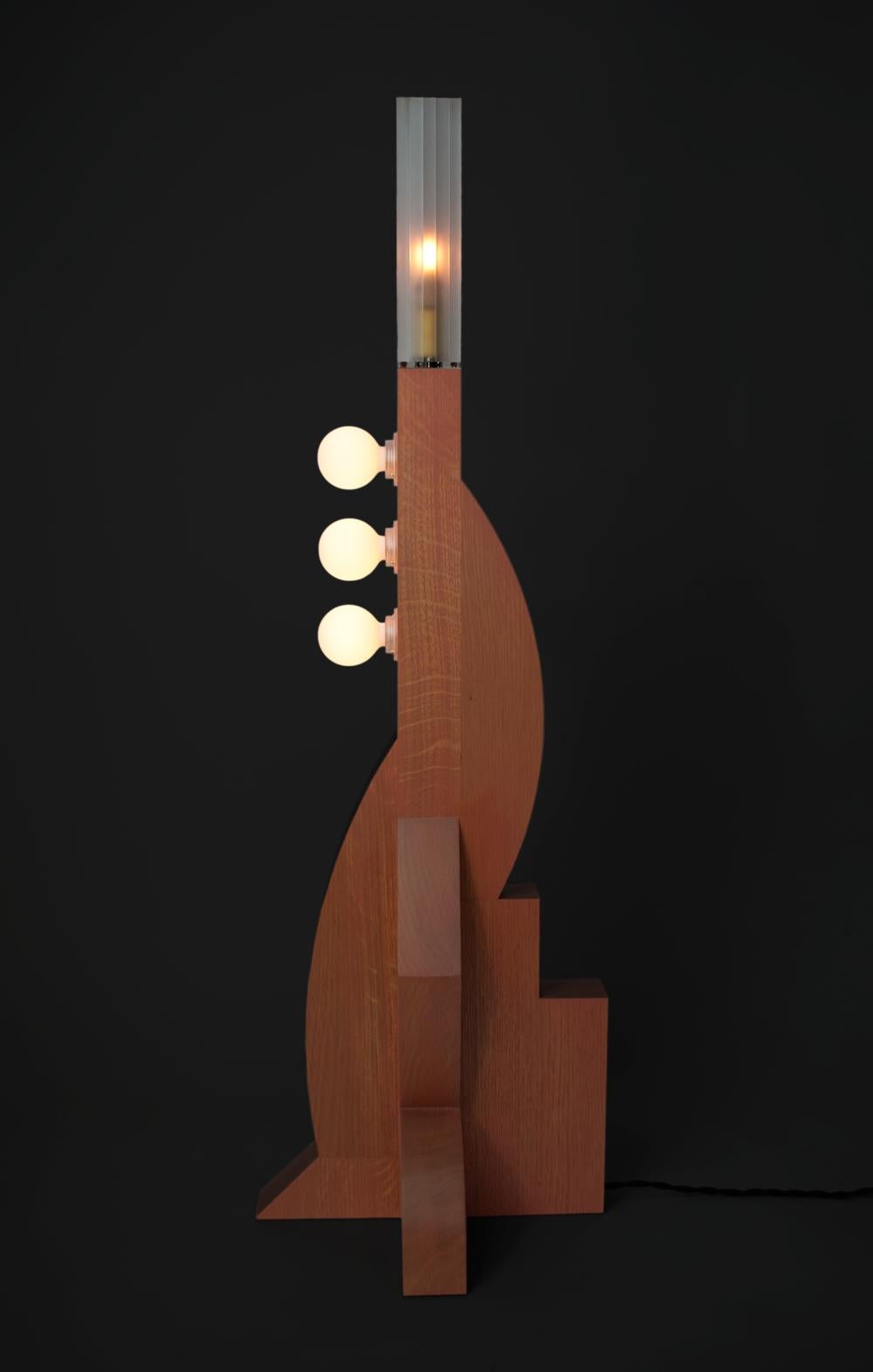 Contemporary Tower Floor Lamp with Terracotta Geometric Oak Base & Frosted shade In New Condition For Sale In London, GB