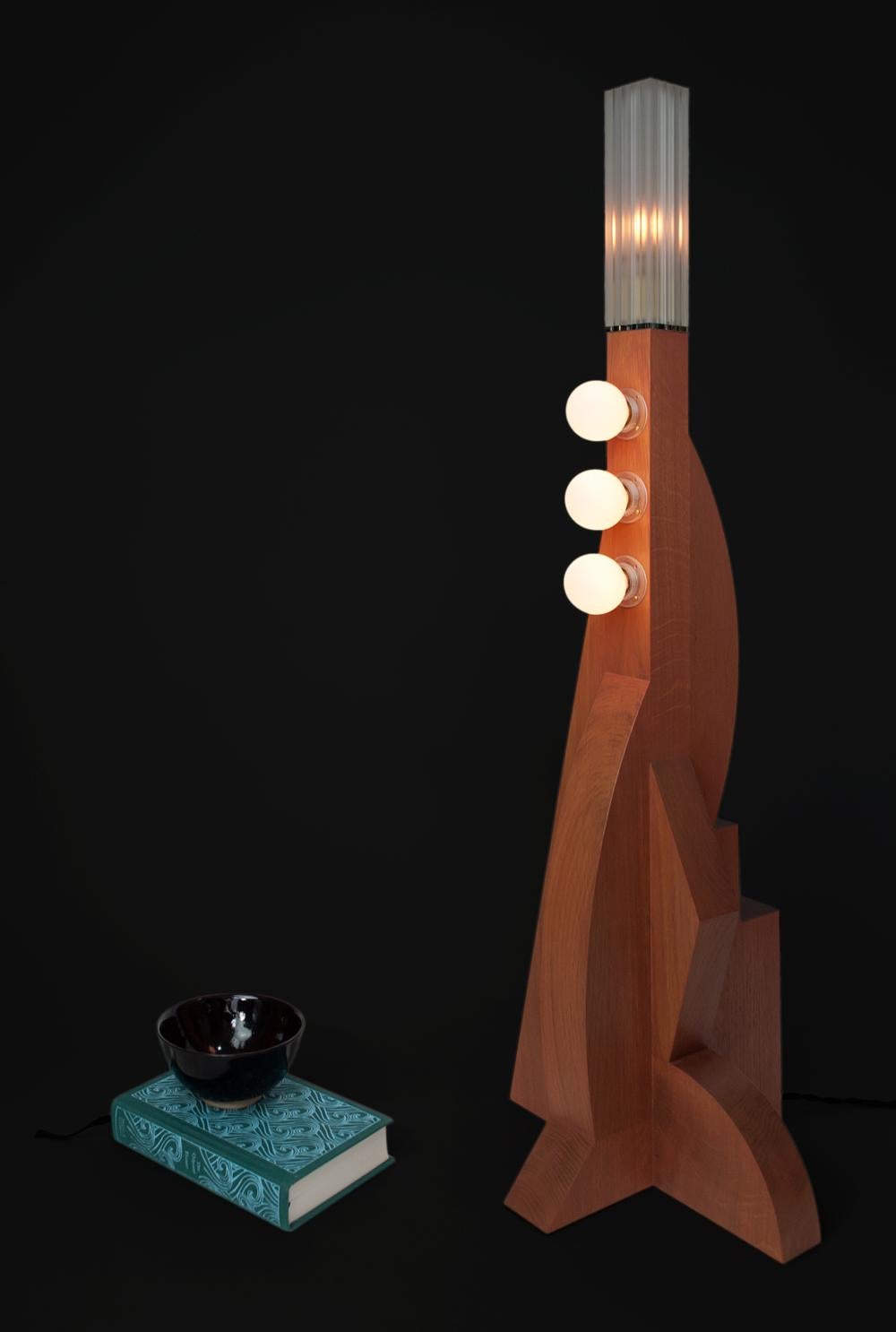 Glass Contemporary Tower Floor Lamp with Terracotta Geometric Oak Base & Frosted shade For Sale
