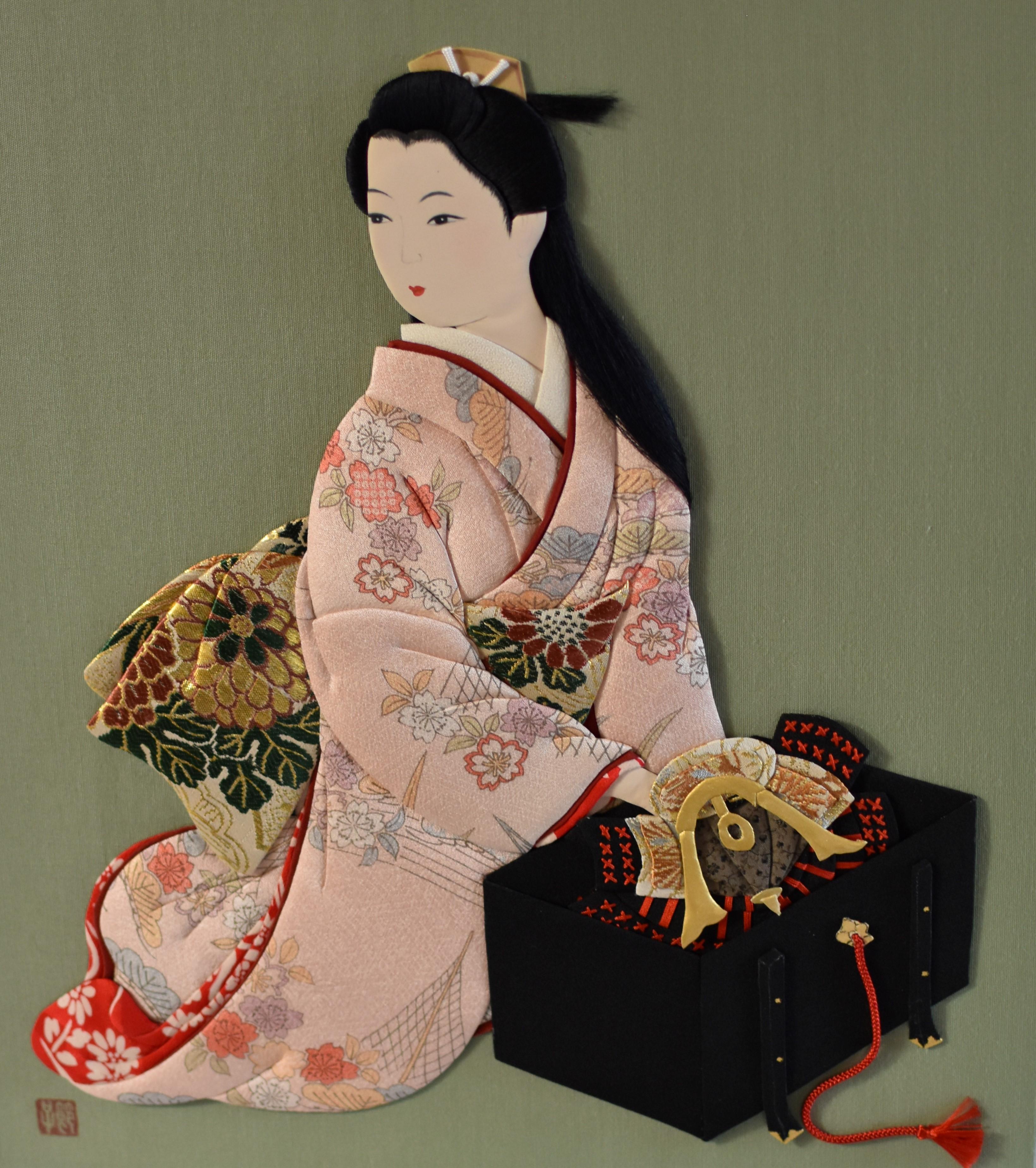 Exceptional Japanese contemporary framed collectible handcrafted oshie decorative wall art piece with a three-dimensional effect depicting a fascinating scene of a Japanese young lady wearing an exquisite Furisode kimono sitting to put back the