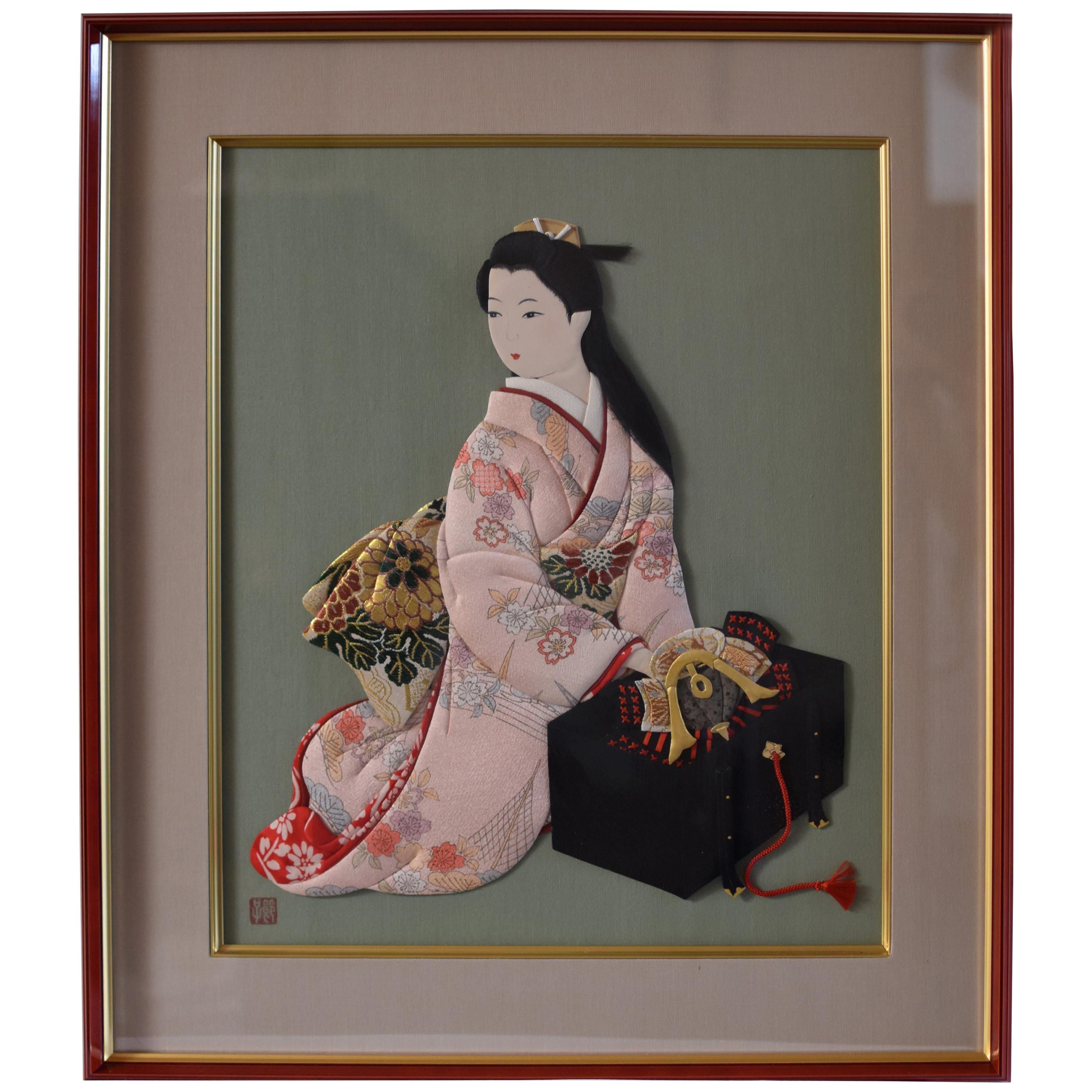 Contemporary Japanese Framed Silk Brocade Handcrafted Oshie Wall Decorative Art For Sale