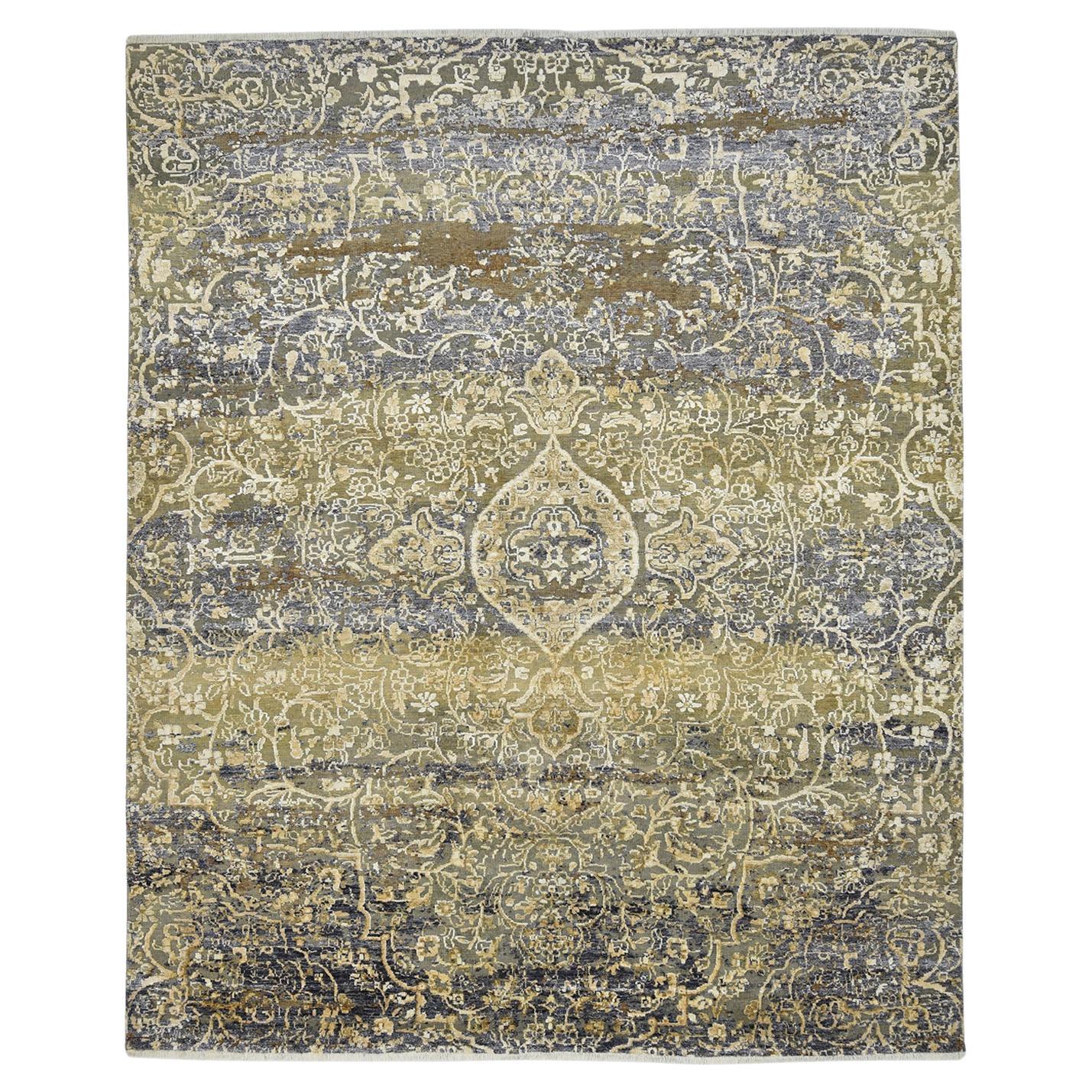 Contemporary Transitional Hand Knotted Wool Green Area Rug For Sale