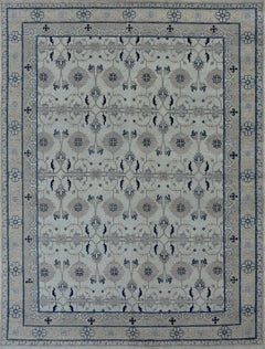 Contemporary Transitional Hand-Knotted Wool Rug in Ivory, Beige & Indigo Blue