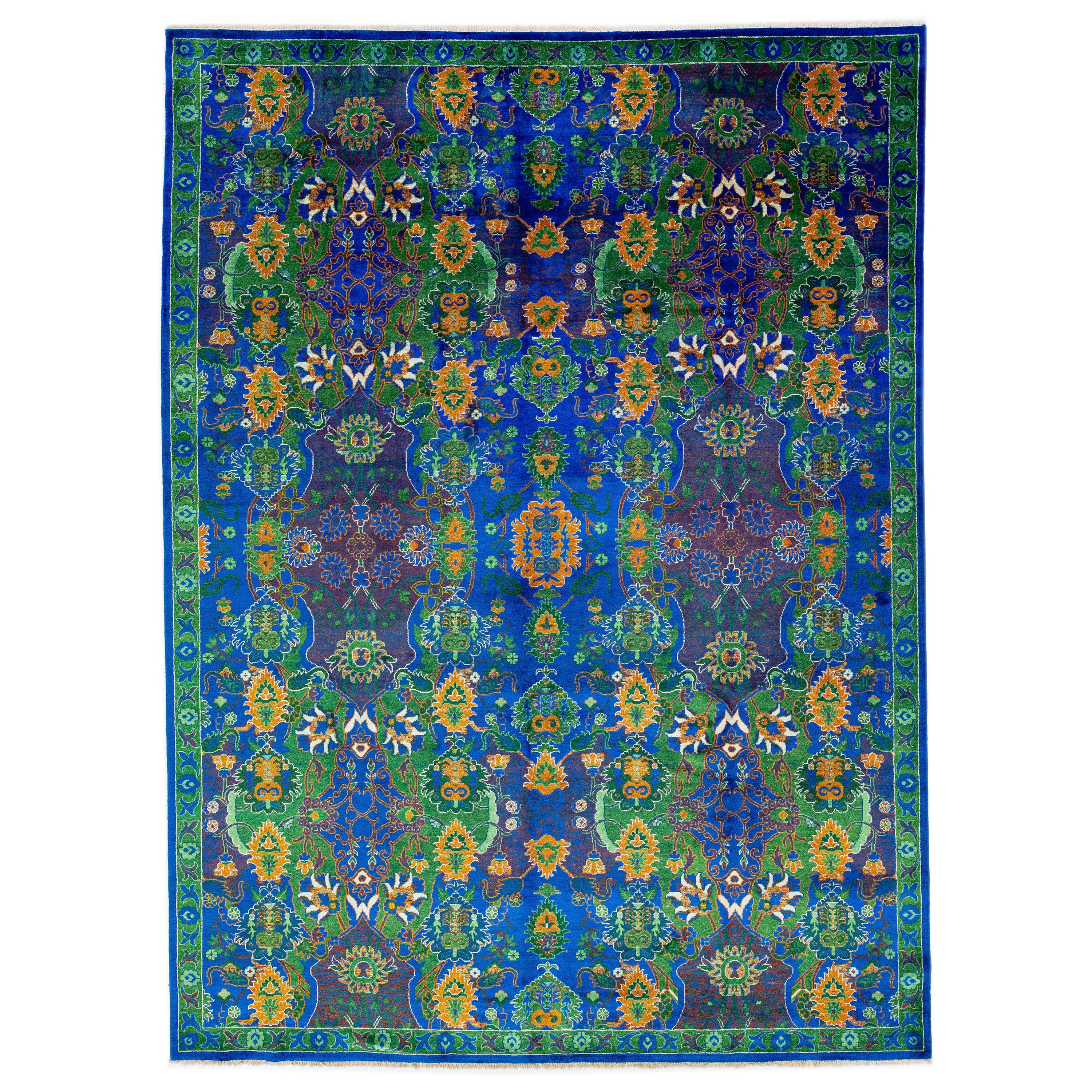 Tappeto contemporaneo di transizione in lana fatta a mano con motivo floreale blu e verde