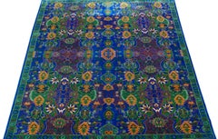 Contemporary Transitional Handmade Wool Rug with Blue and Green Floral Pattern