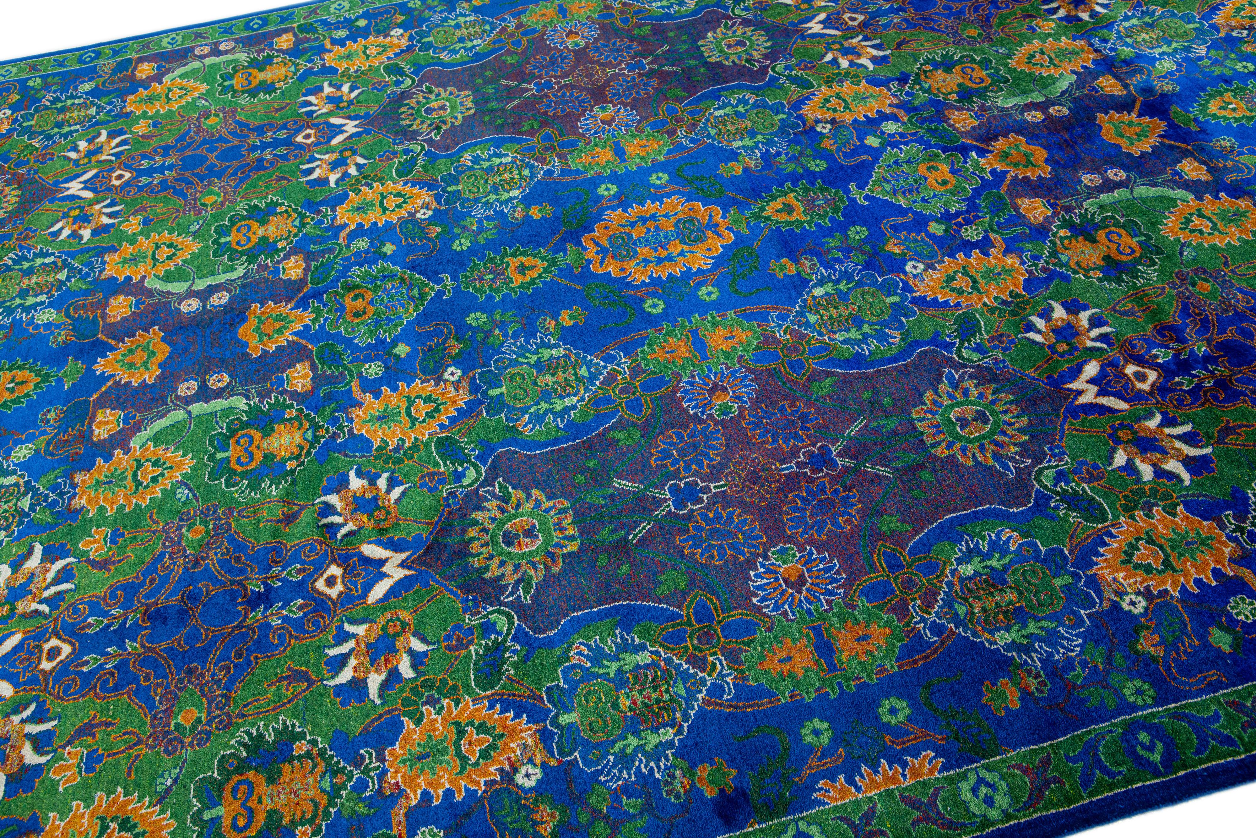 Islamic Contemporary Transitional Handmade Wool Rug with Blue and Green Floral Pattern For Sale