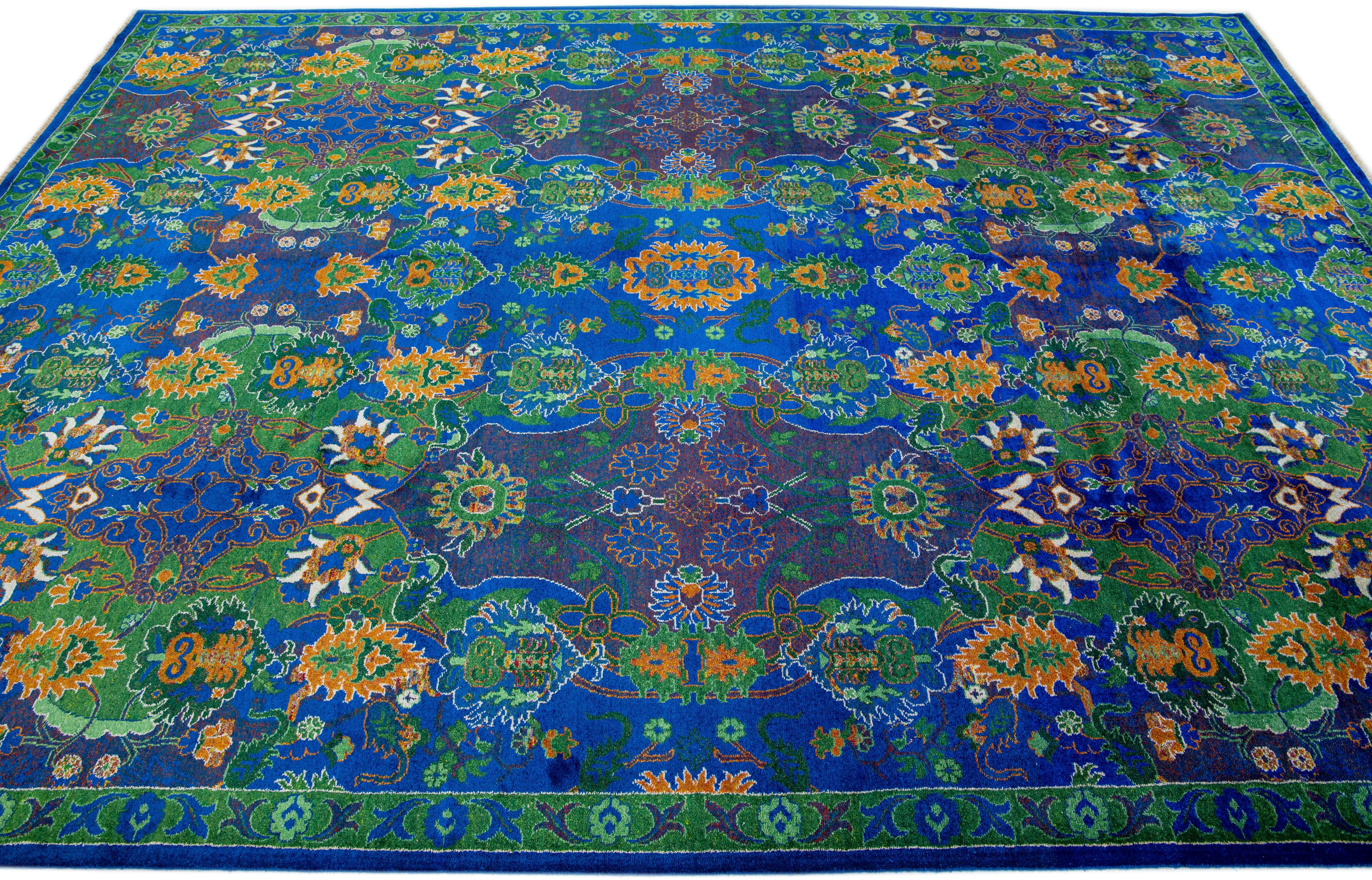 Indian Contemporary Transitional Handmade Wool Rug with Blue and Green Floral Pattern For Sale