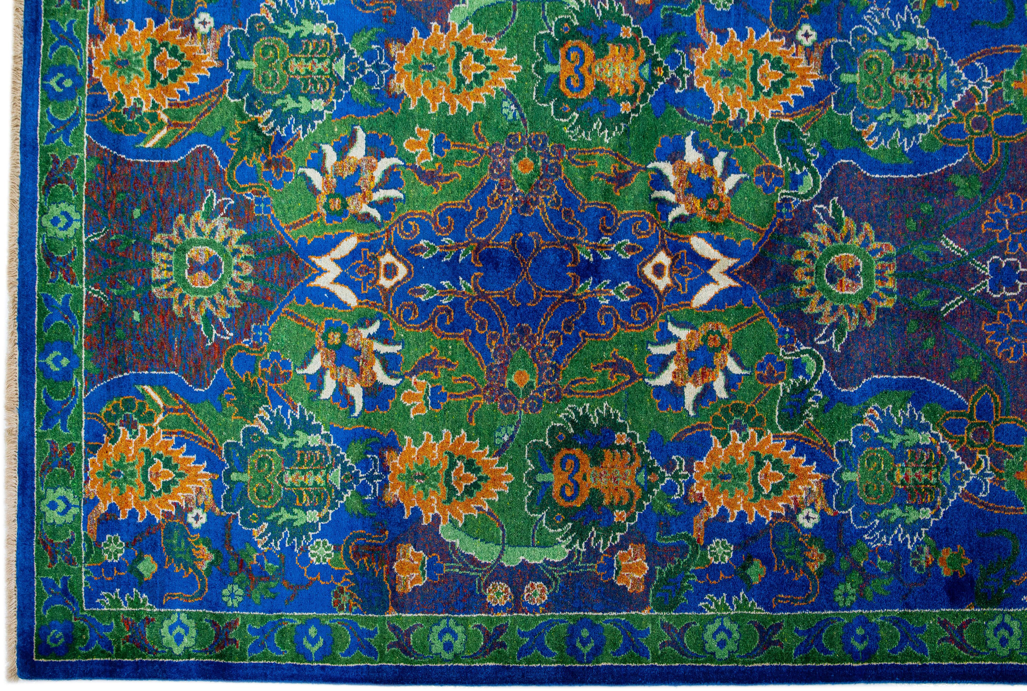 Hand-Knotted Contemporary Transitional Handmade Wool Rug with Blue and Green Floral Pattern For Sale