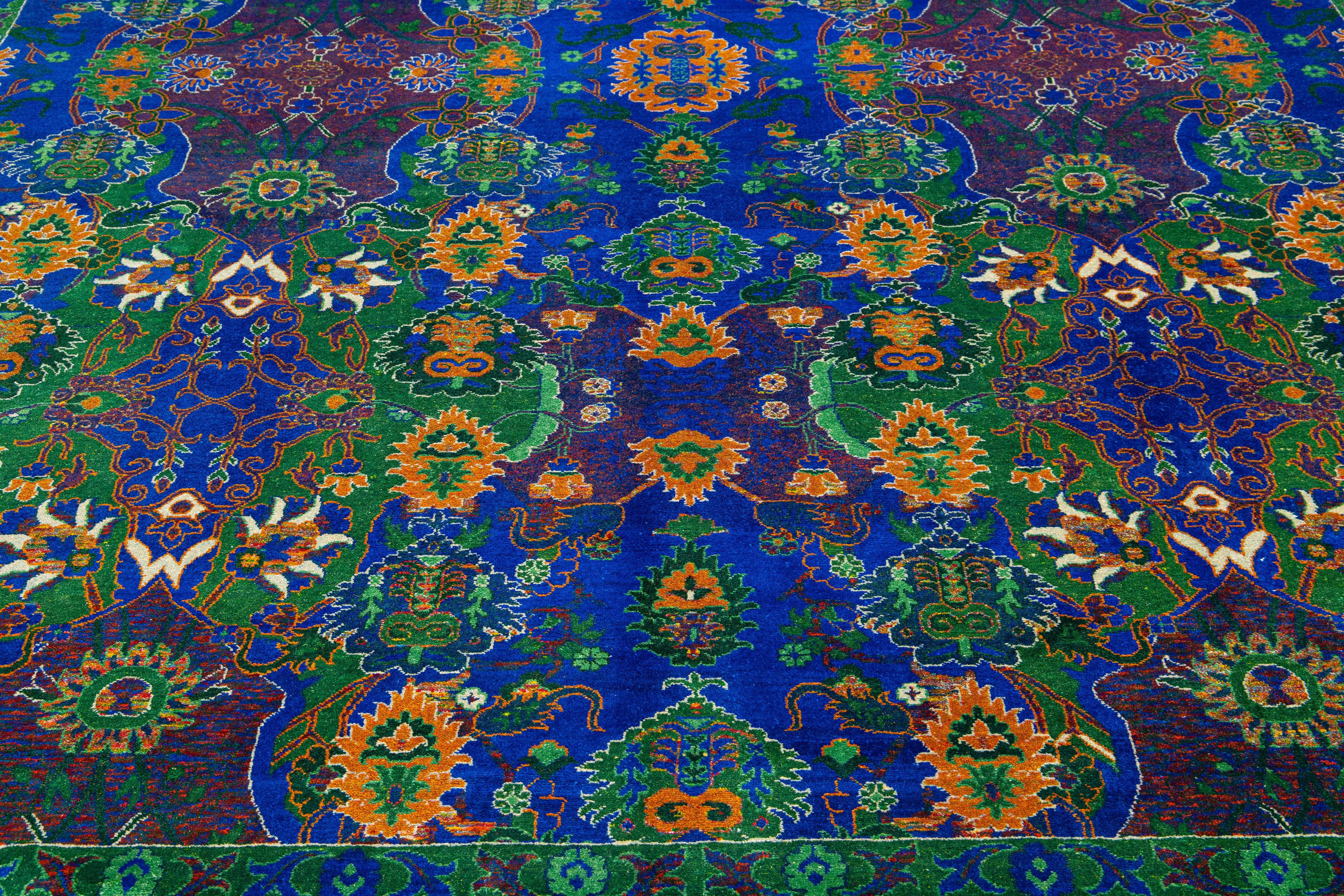 Contemporary Transitional Handmade Wool Rug with Blue and Green Floral Pattern In New Condition For Sale In Norwalk, CT