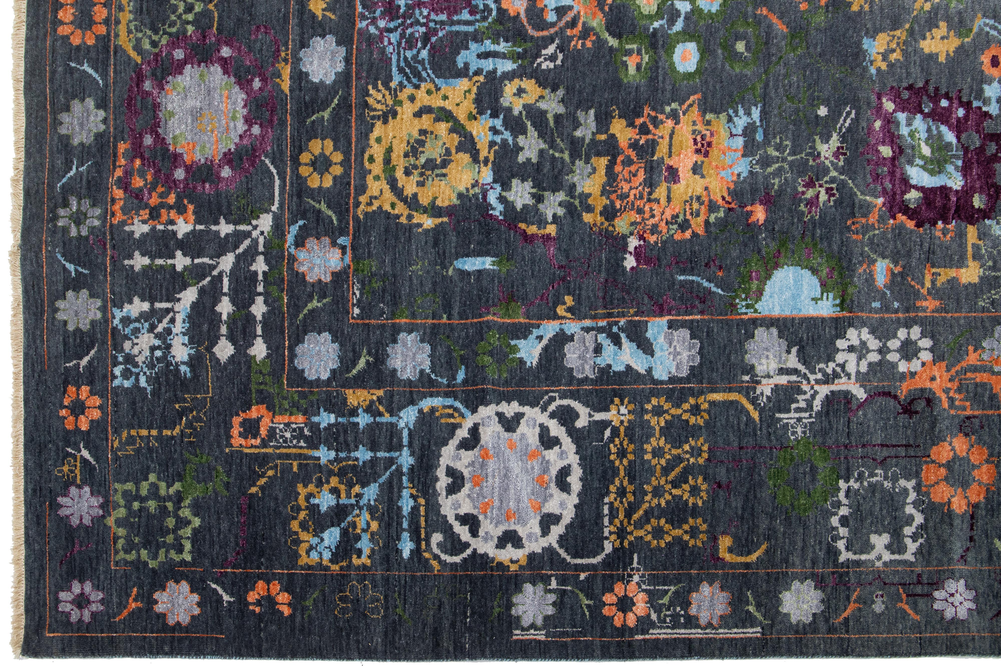 Hand-Knotted  Contemporary Transitional Handmade Wool Rug with Floral Motif In Charcoal   For Sale