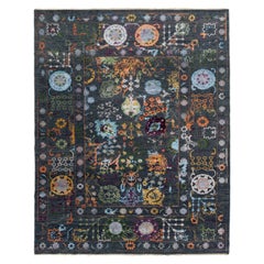 Tapis en laine à motif floral, fait main, contemporain et transitionnel, anthracite