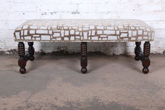 Contemporary Transitional Jacobean Revival Walnut Upholstered Bench