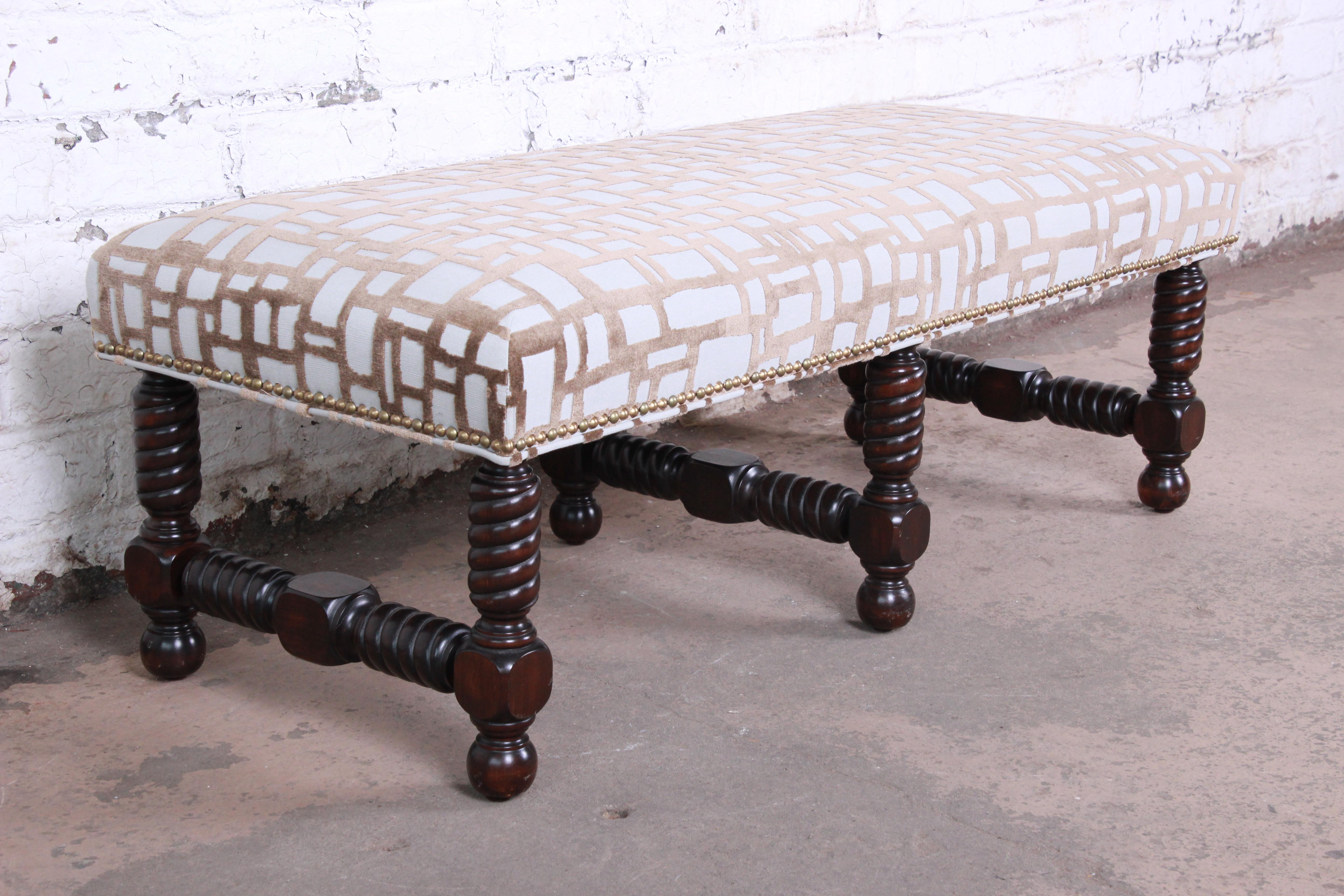 American Contemporary Transitional Jacobean Revival Walnut Upholstered Bench