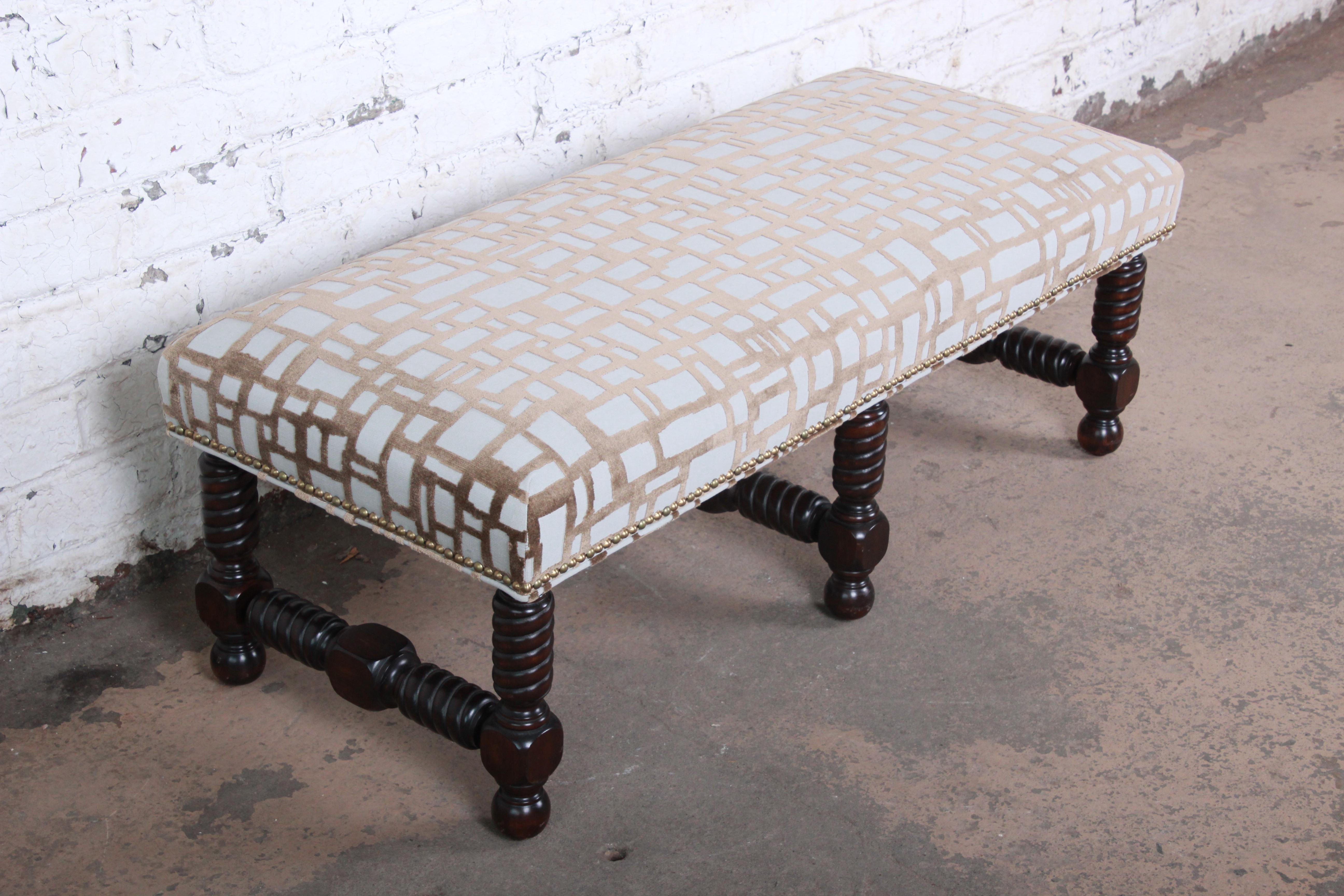 Contemporary Transitional Jacobean Revival Walnut Upholstered Bench In Good Condition In South Bend, IN