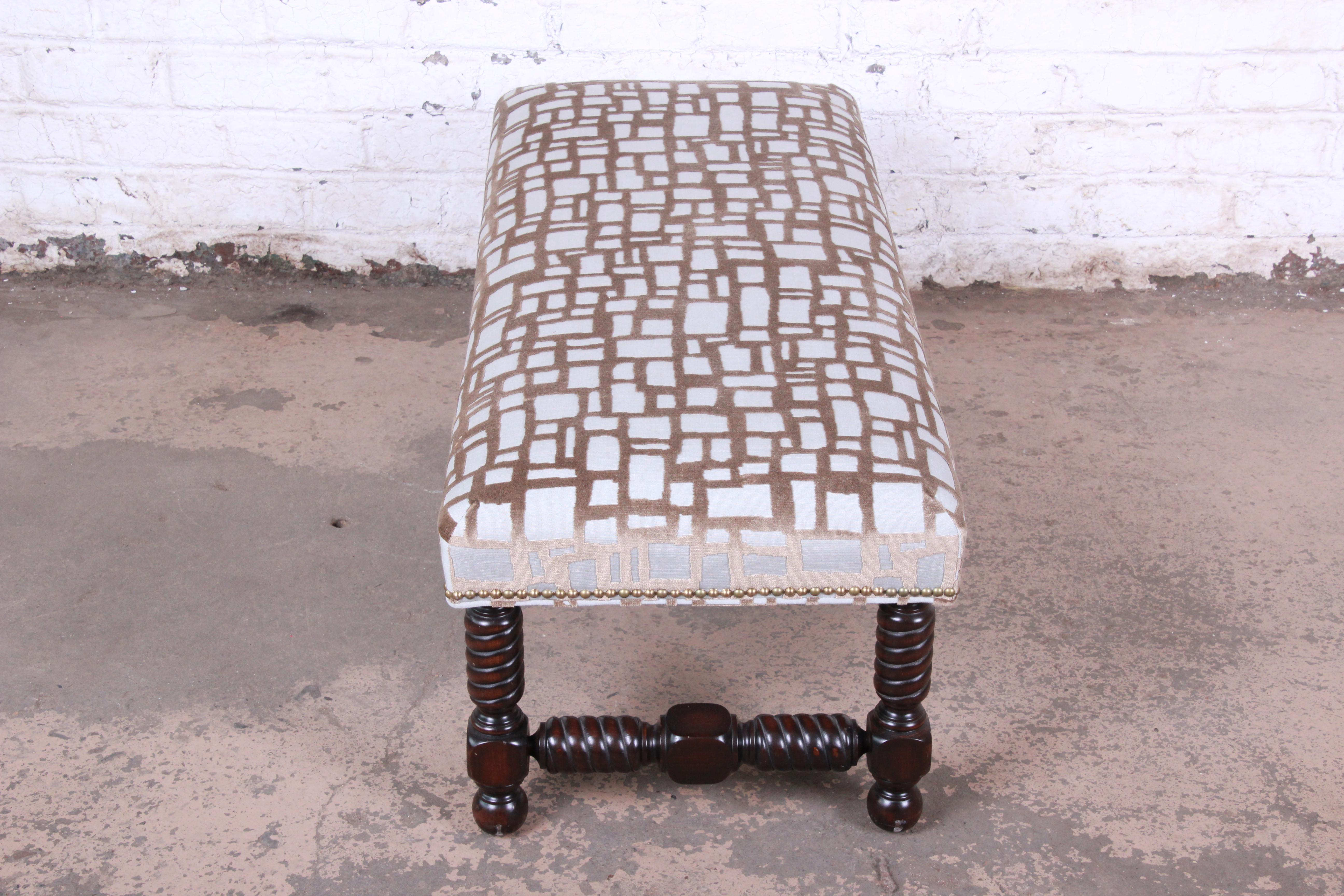 Upholstery Contemporary Transitional Jacobean Revival Walnut Upholstered Bench