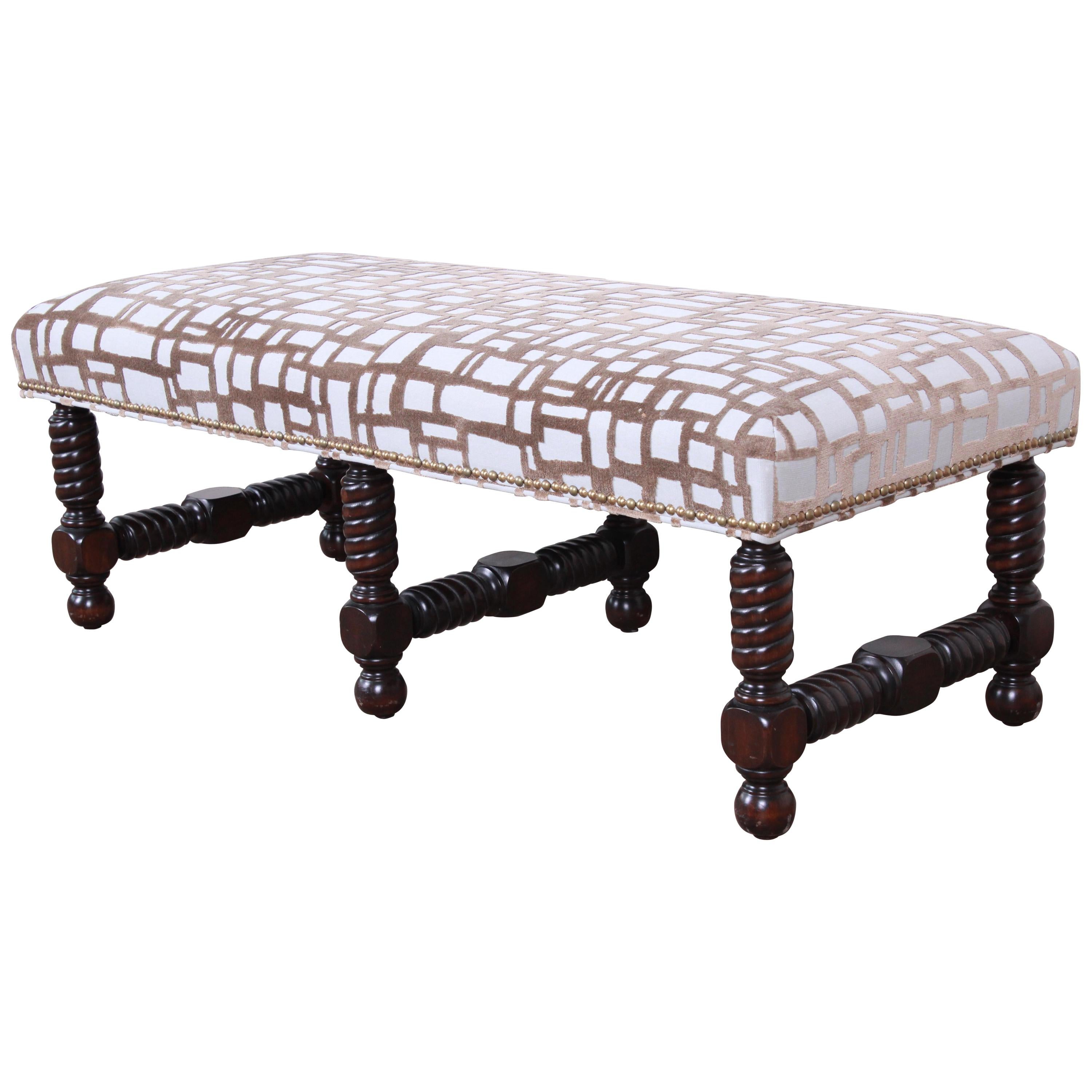 Contemporary Transitional Jacobean Revival Walnut Upholstered Bench