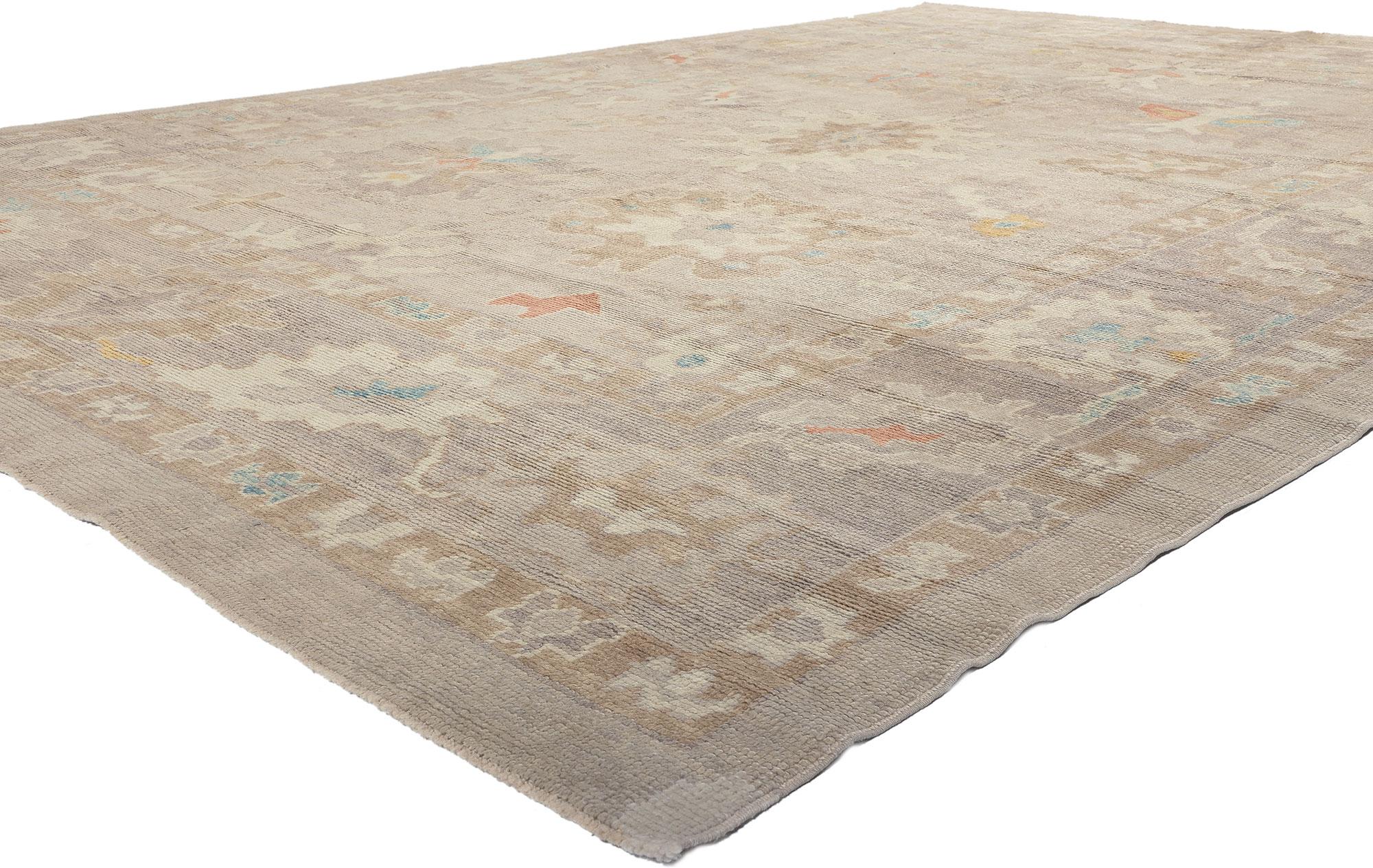 52376 Modern Oushak Turkish Rug, 08'11 x 12'05. Indulge in the essence of Shibui and Biophilic Design as you welcome the allure of this hand-knotted wool modern Turkish Oushak rug into your space. Subdued ornamentation weaves a captivating vision of