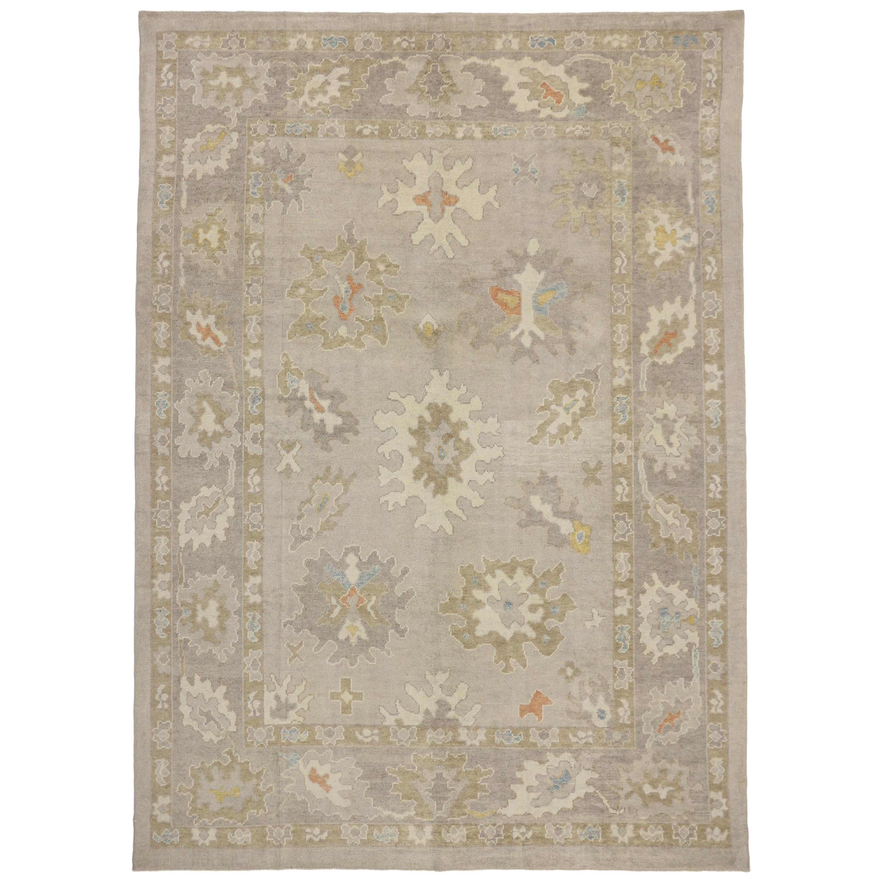HandKnotted Transitional Neutral Oushak Rug in Light Gray, Light Blue