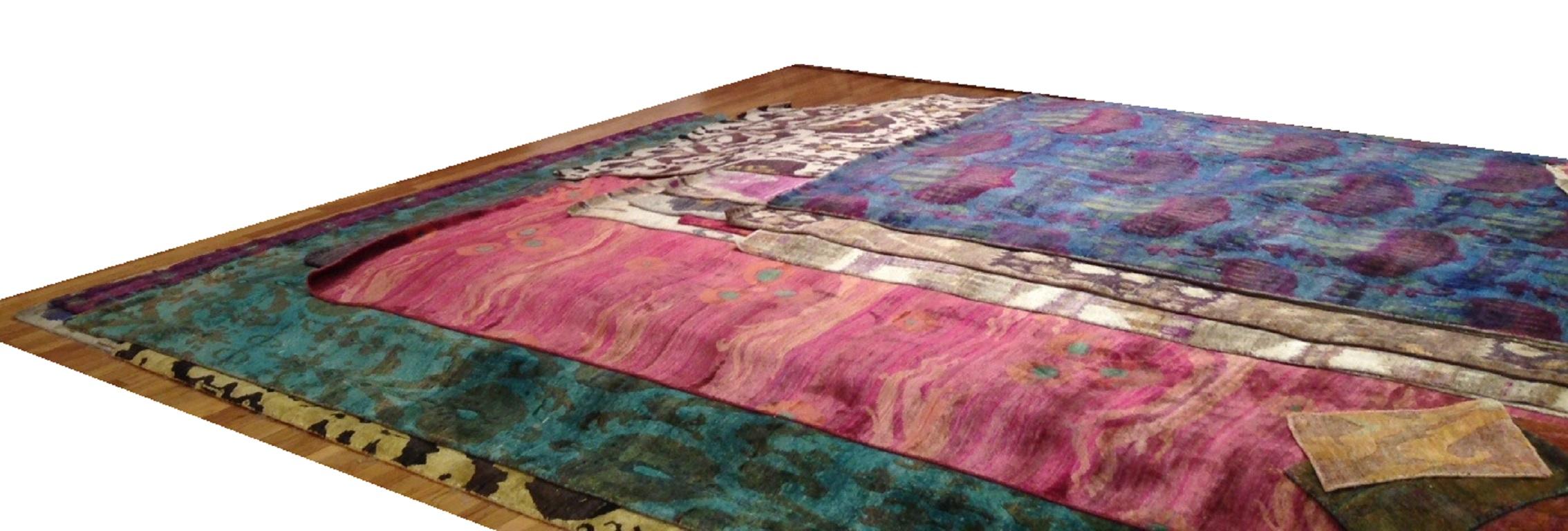 Indian Contemporary Transitional Pink Fuchsia Teal Hand-Knotted Natural Silk Ikat Rug For Sale