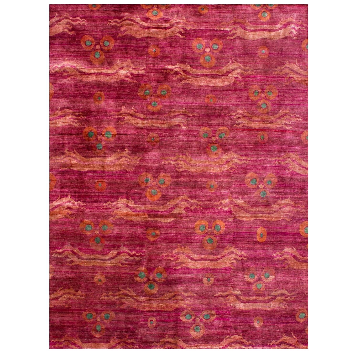 Contemporary Transitional Pink Fuchsia Teal Hand-Knotted Natural Silk Ikat Rug