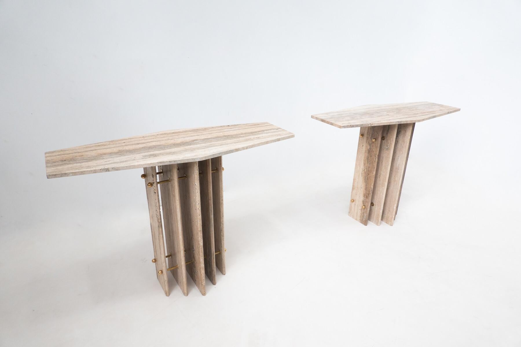 Contemporary Travertine console, Italy - 2 available.
 
