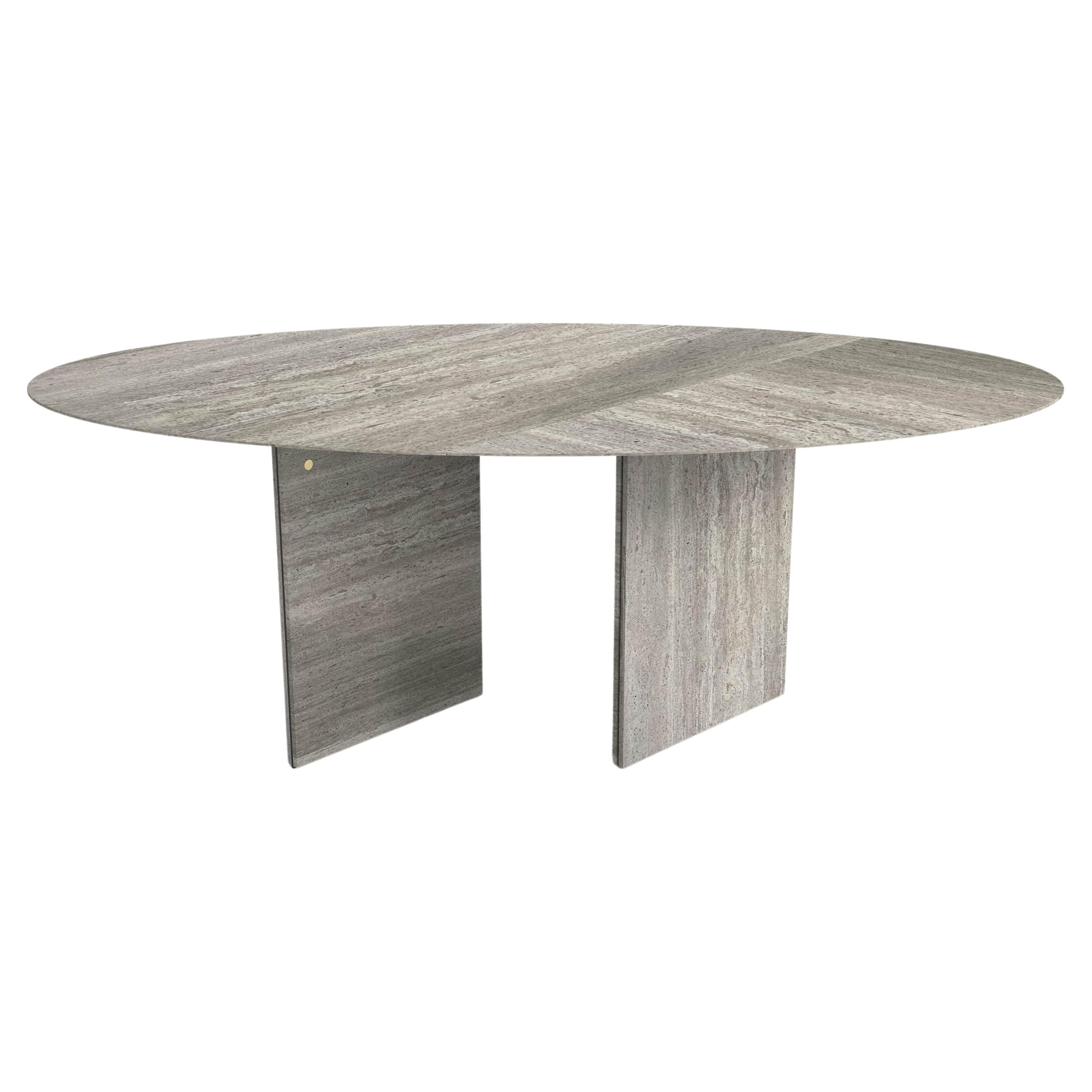 Contemporary oval ellipse dining table, travertine, Belgian design For Sale
