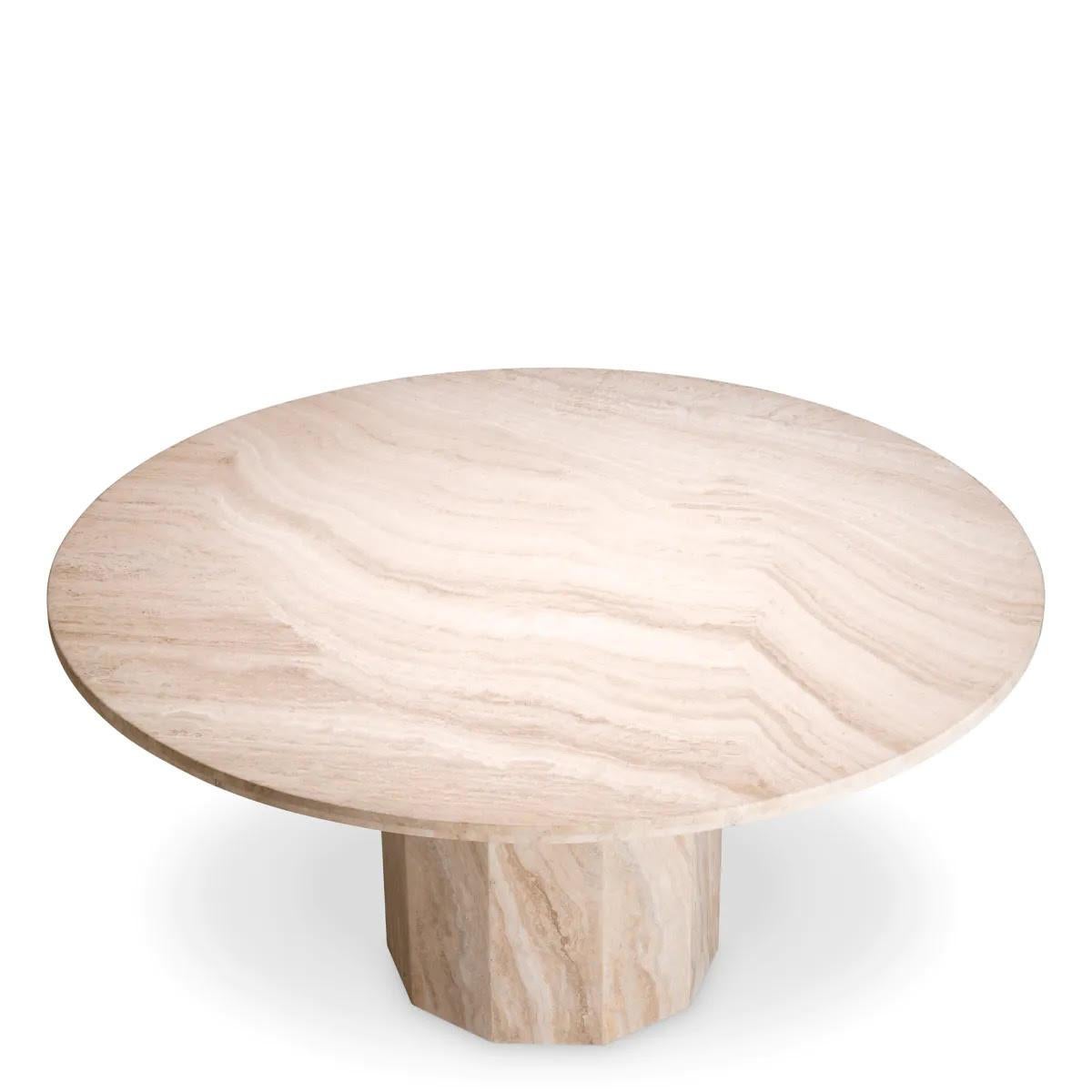 Mesa de comedor contemporánea de mármol travertino.

Mesa de comedor inspirada en una columna medieval catalana de mármol travertino, obra contemporánea.
Ø 150  H. 75,5 cm