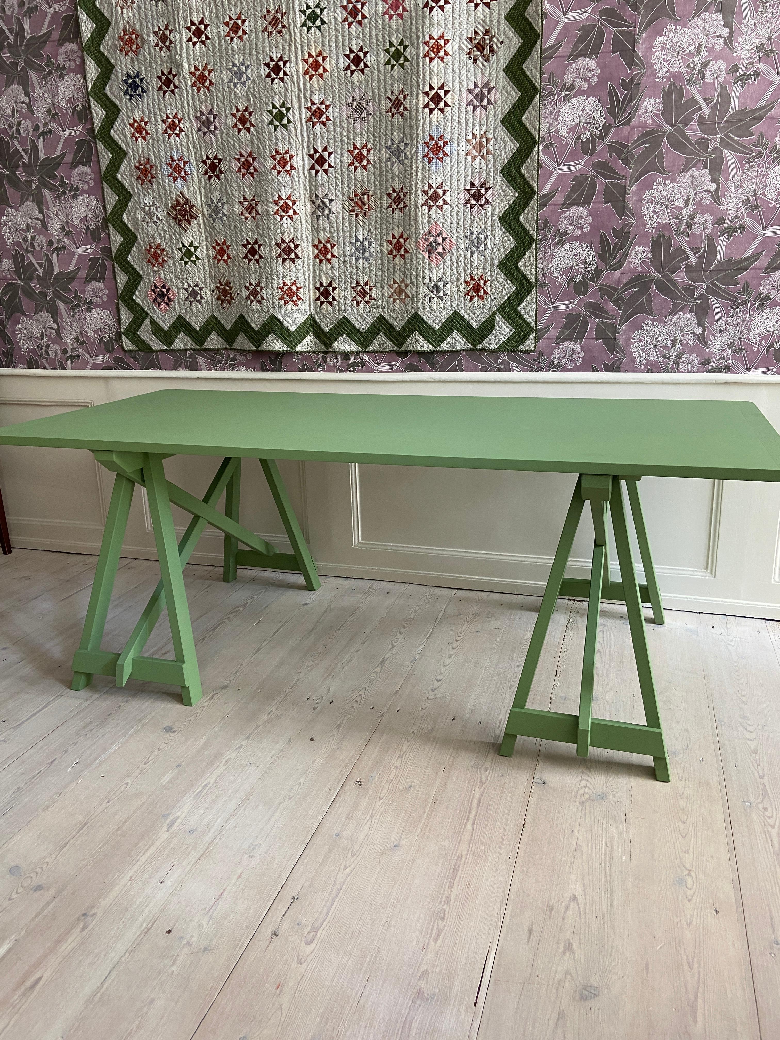 Belgian Contemporary Trestle Table in Green Painted Wood, Belgium