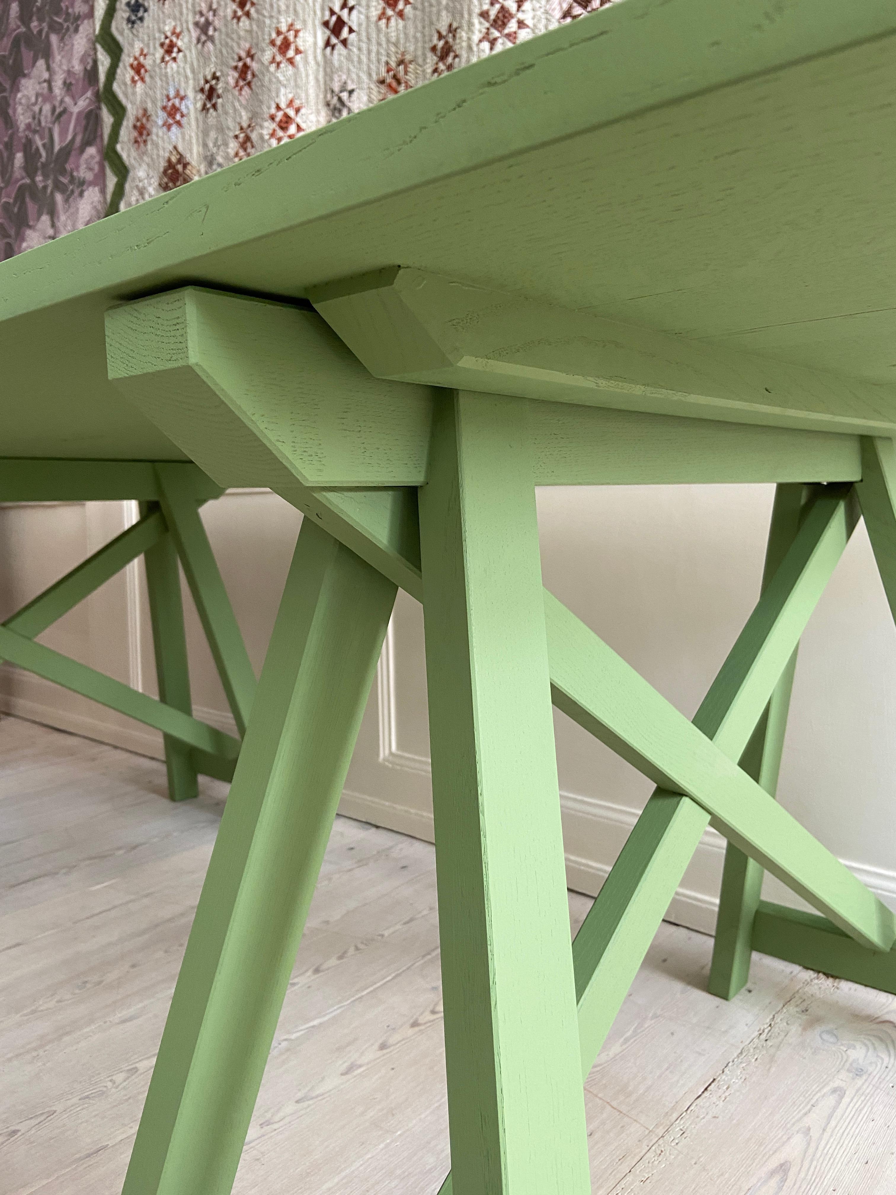 Contemporary Trestle Table in Green Painted Wood, Belgium 1