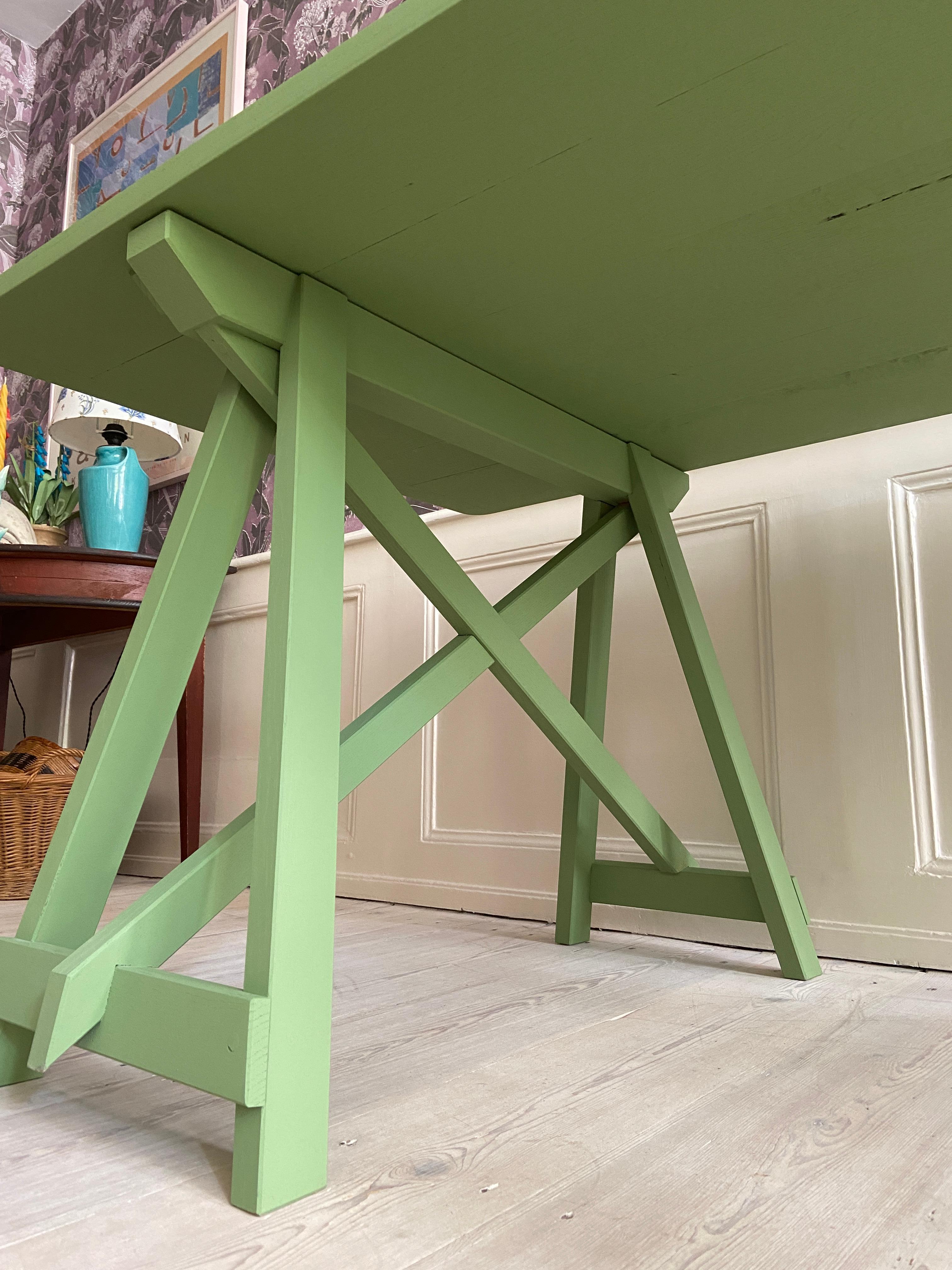 Contemporary Trestle Table in Green Painted Wood, Belgium 5