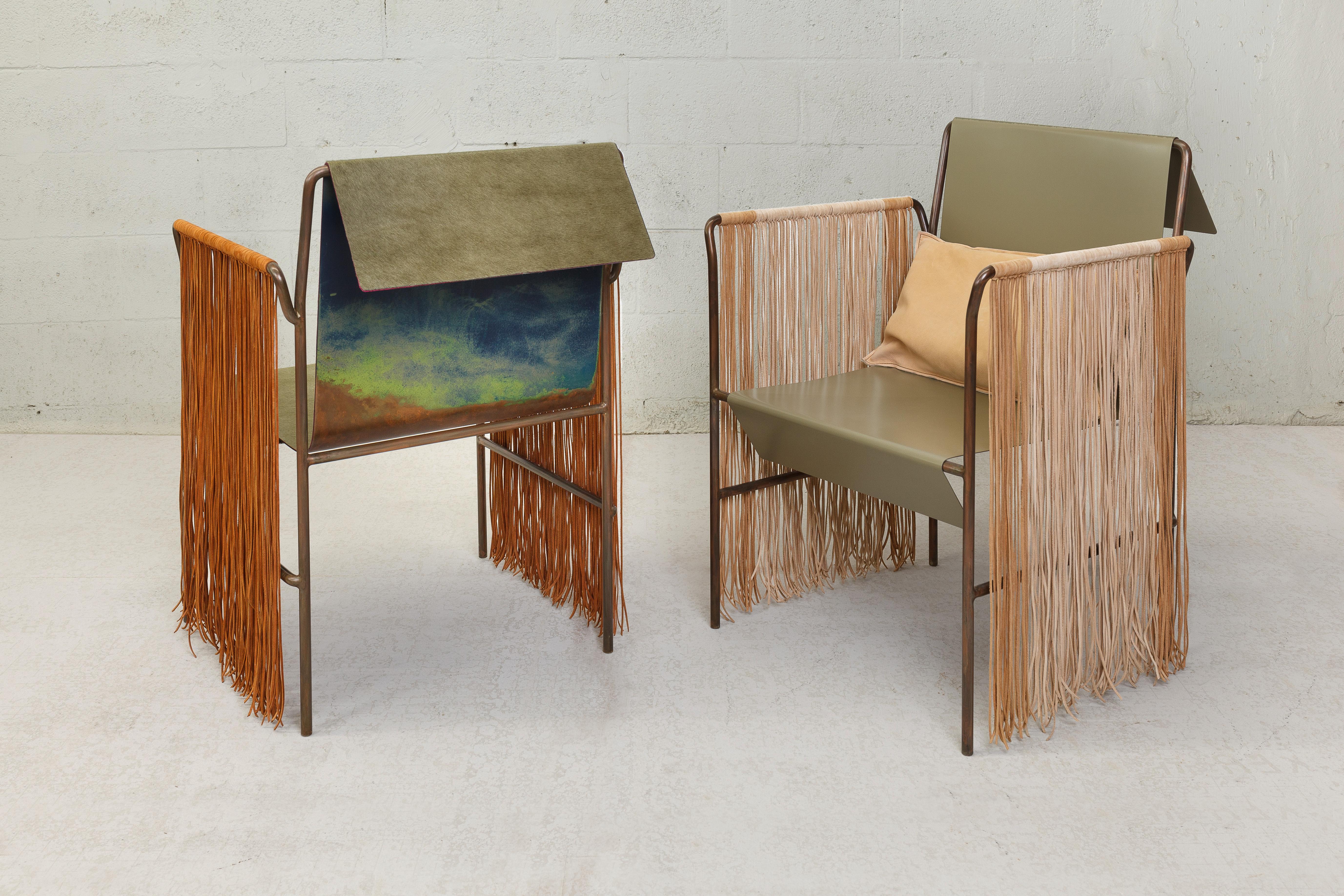 Contemporary Tribal Arm Chair in Patinated Steel and Leather by Vivian Carbonell For Sale 5