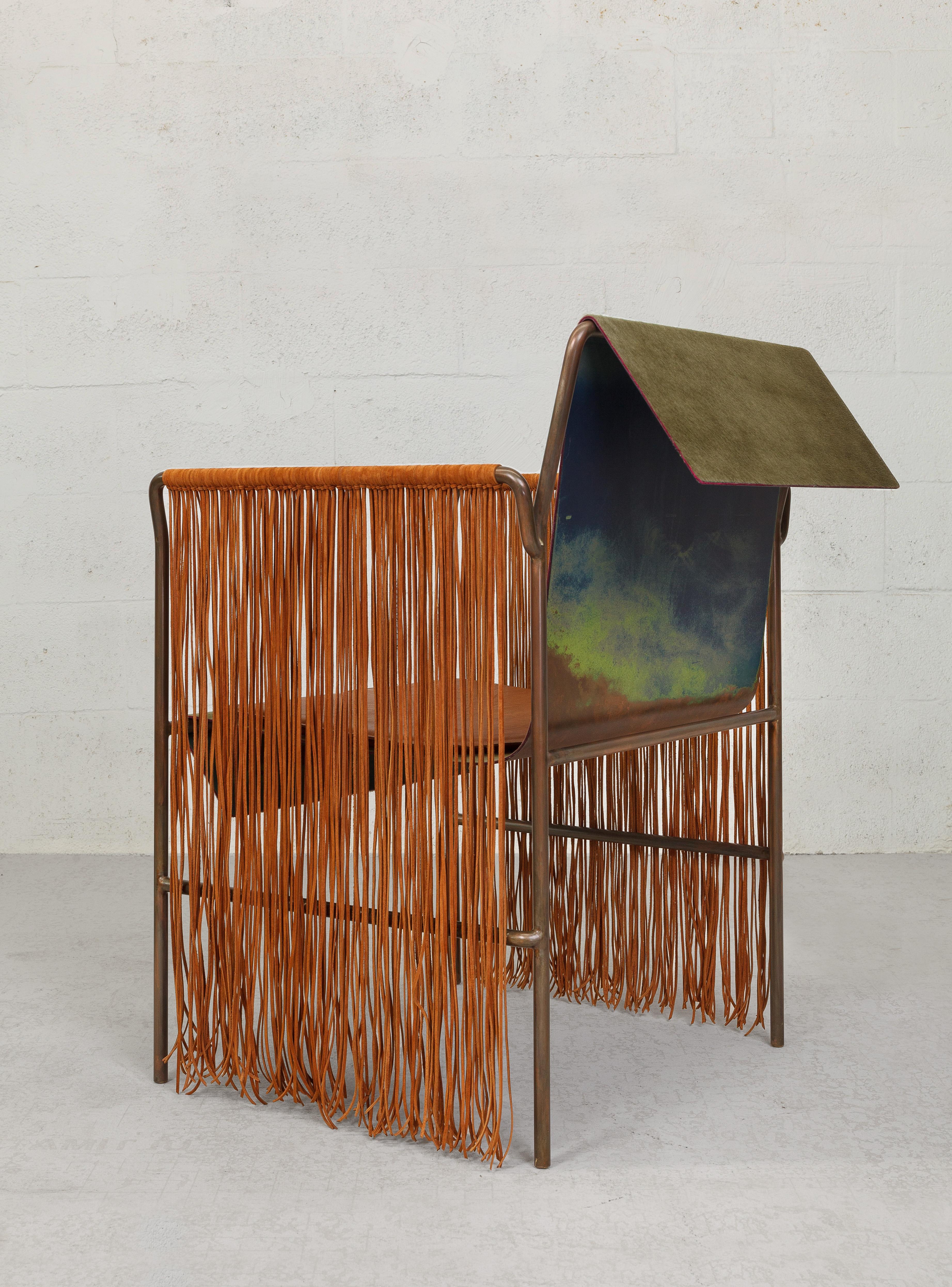 American Contemporary Tribal Arm Chair in Patinated Steel and Leather by Vivian Carbonell For Sale
