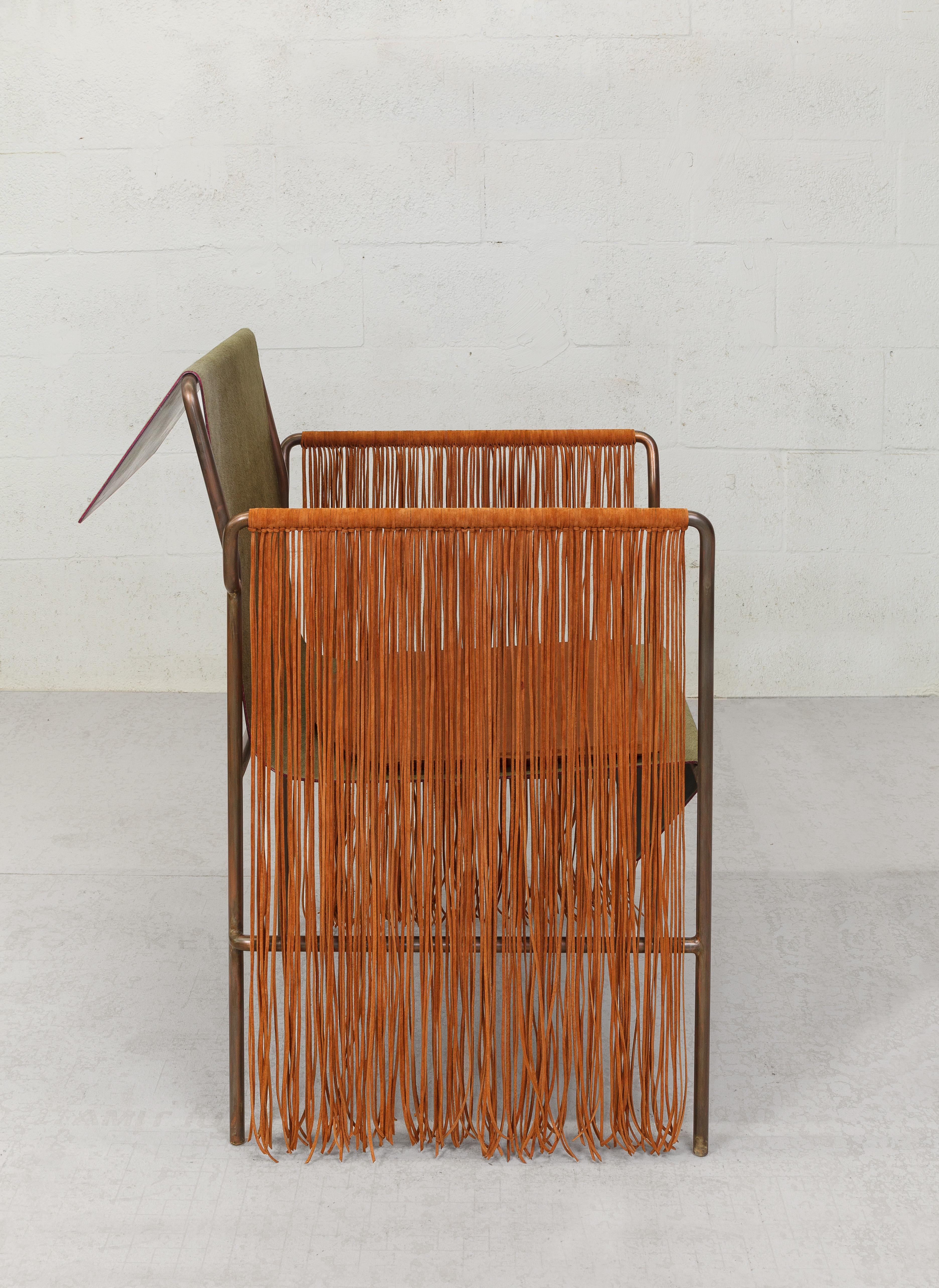 Contemporary Tribal Arm Chair in Patinated Steel and Leather by Vivian Carbonell In New Condition For Sale In Miami, FL