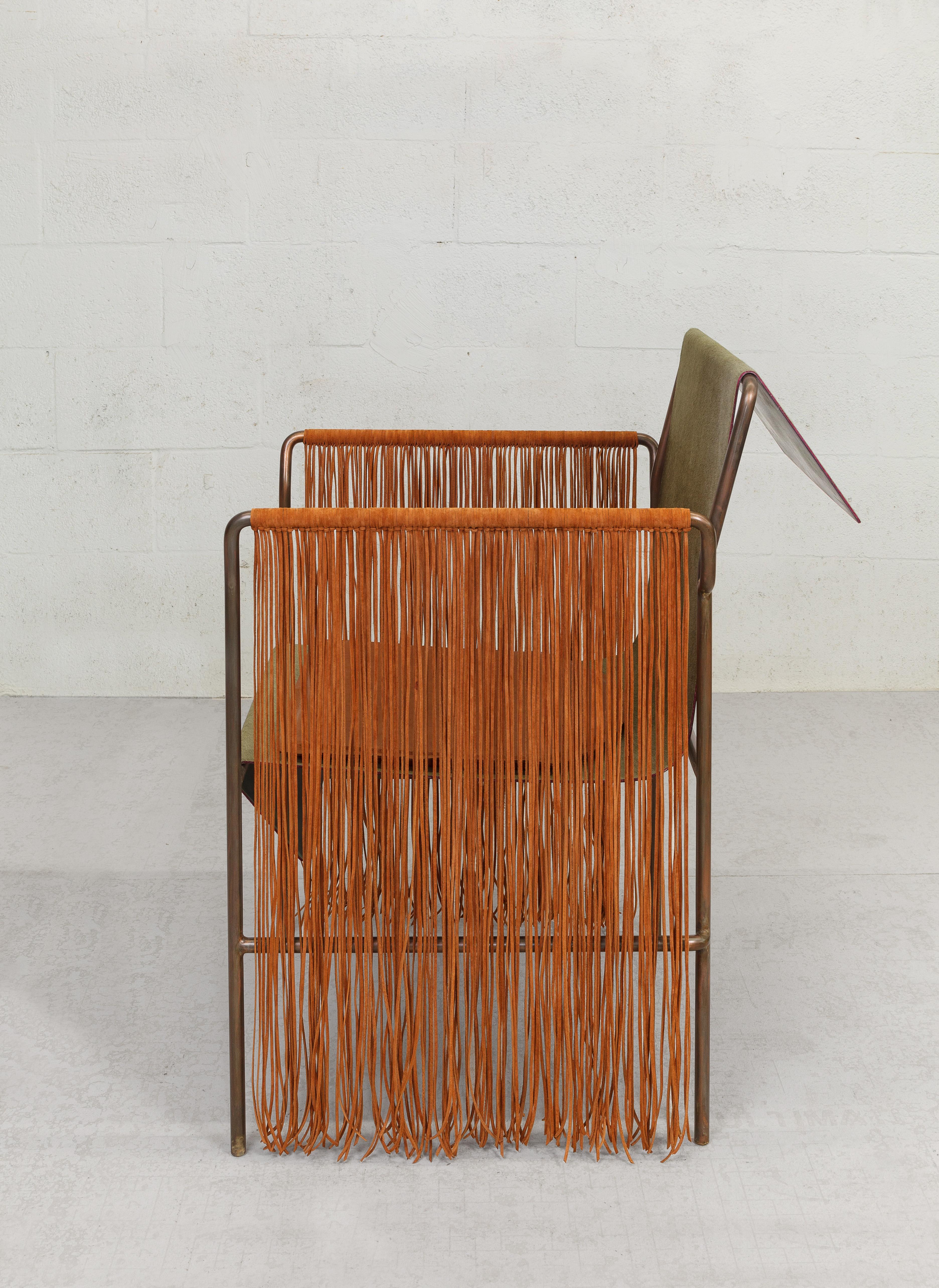 Contemporary Tribal Arm Chair in Patinated Steel and Leather by Vivian Carbonell For Sale 1