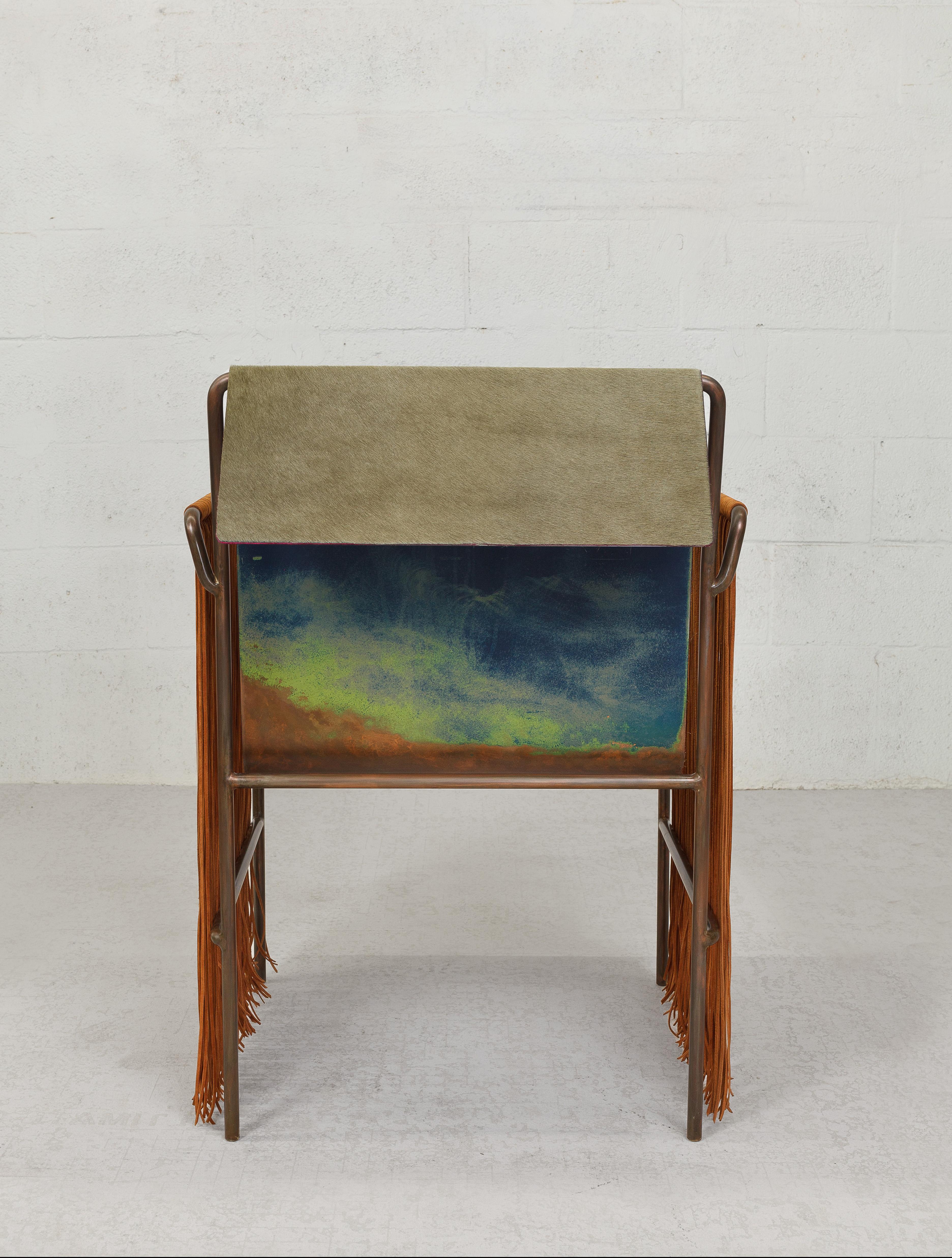 Contemporary Tribal Arm Chair in Patinated Steel and Leather by Vivian Carbonell For Sale 3