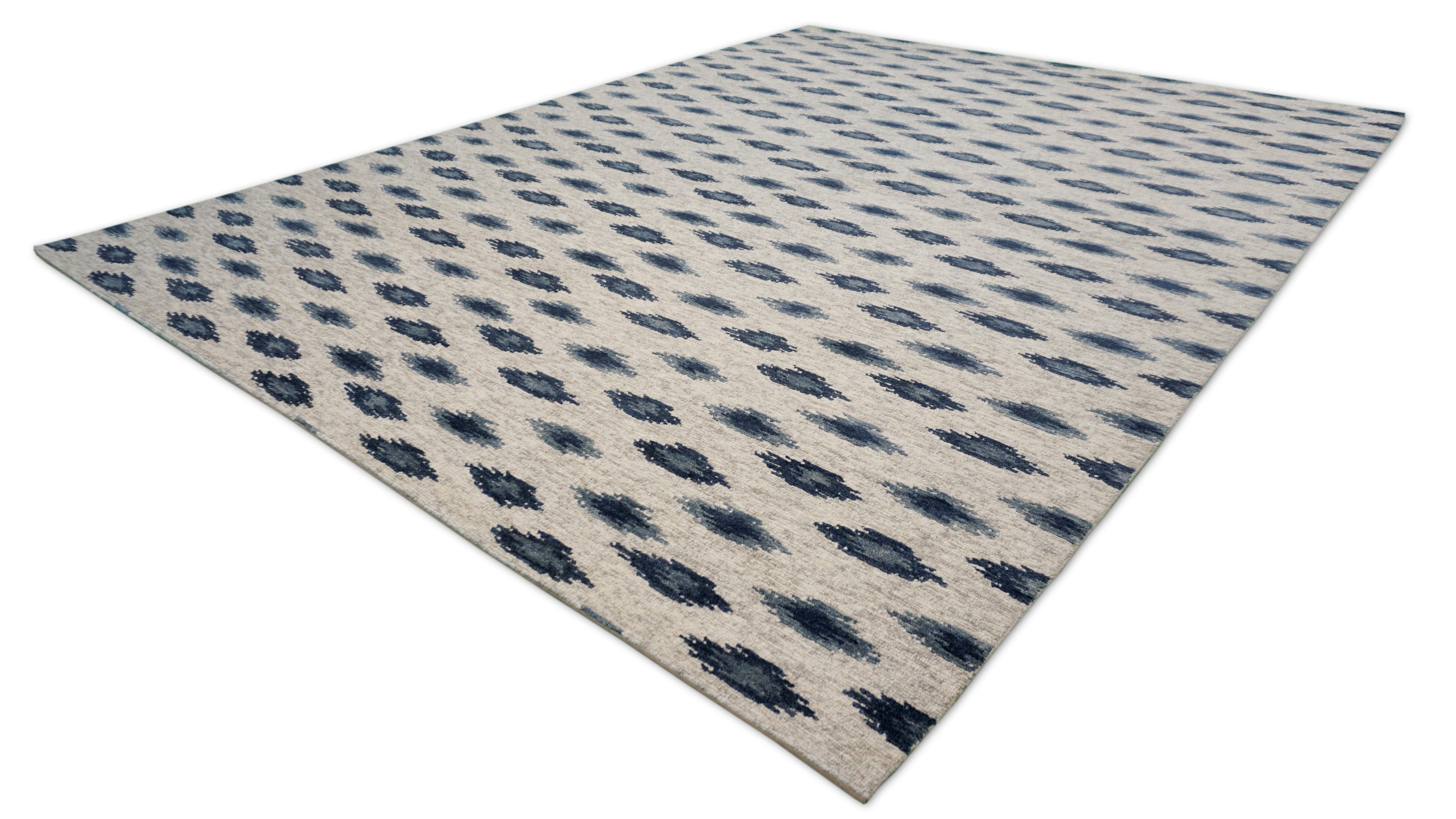 Modern Contemporary Tribal Motif Wool Rug in Navy and Grey – 9′ × 12′ For Sale