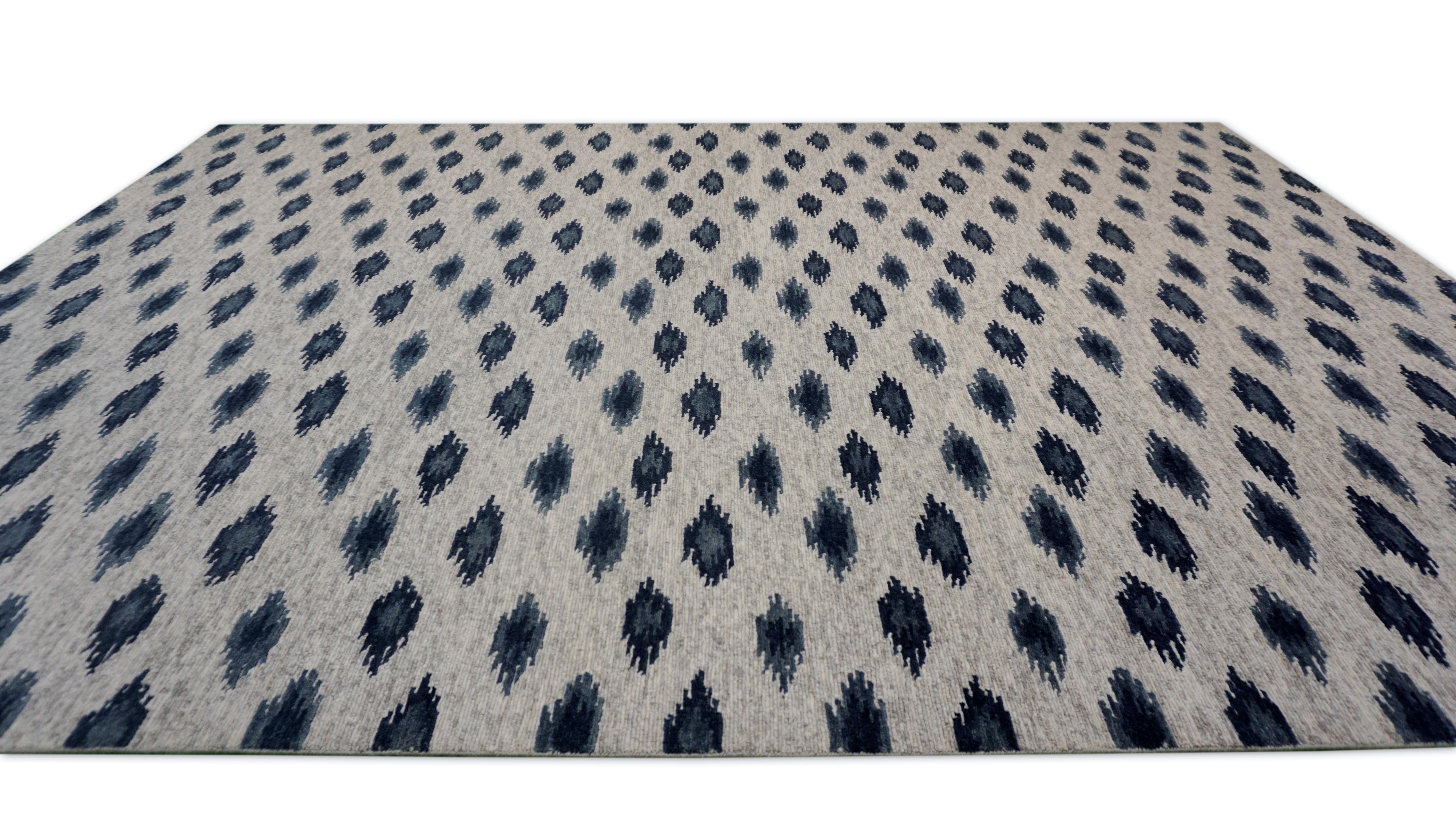 Asian Contemporary Tribal Motif Wool Rug in Navy and Grey – 9′ × 12′ For Sale