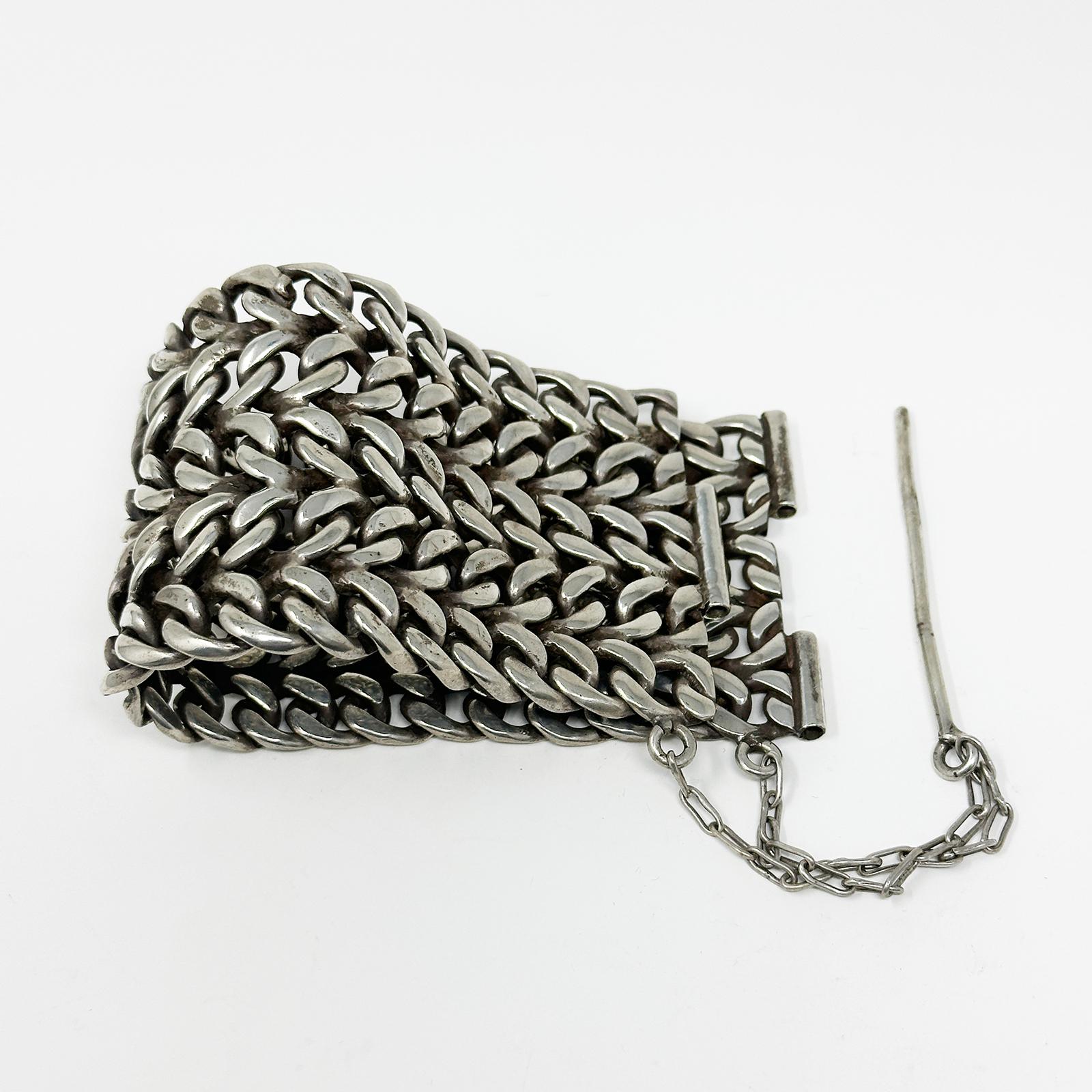 Contemporary Tribal Silver Chain Mesh Cuff from India For Sale 1