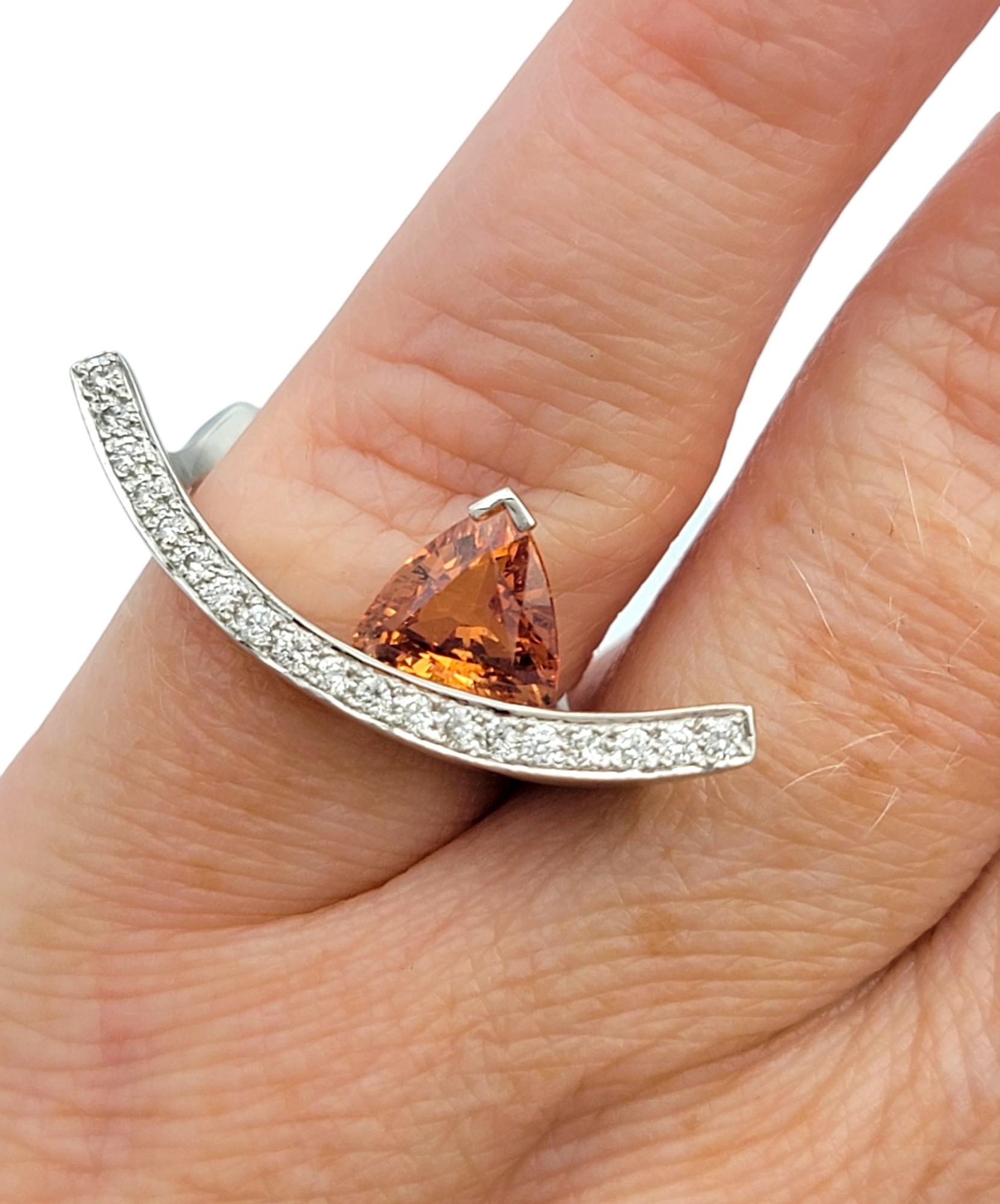 Contemporary Trillion Cut Spessitite and Pave Diamond Ring in 18 Karat Gold For Sale 6