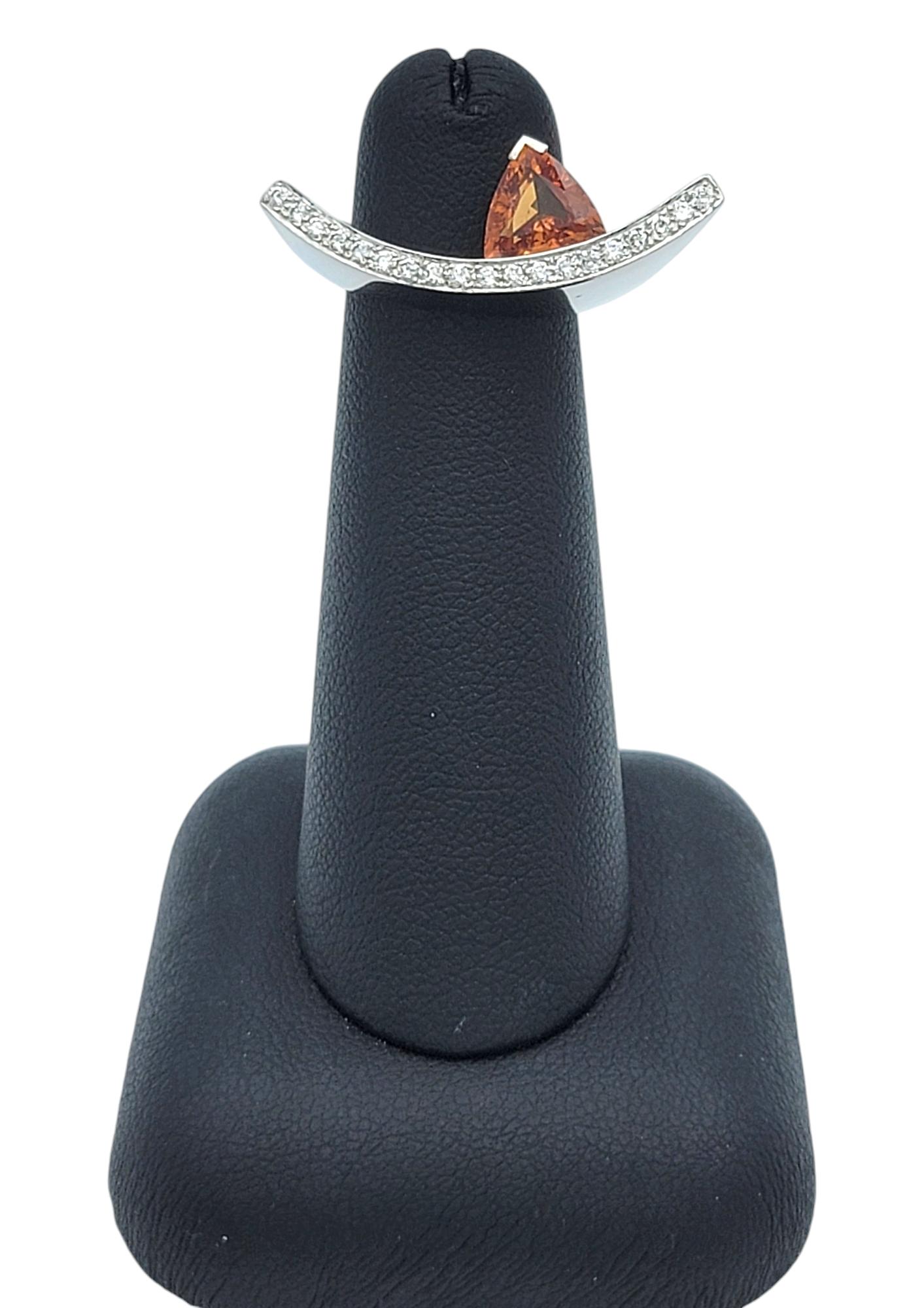 Contemporary Trillion Cut Spessitite and Pave Diamond Ring in 18 Karat Gold For Sale 7