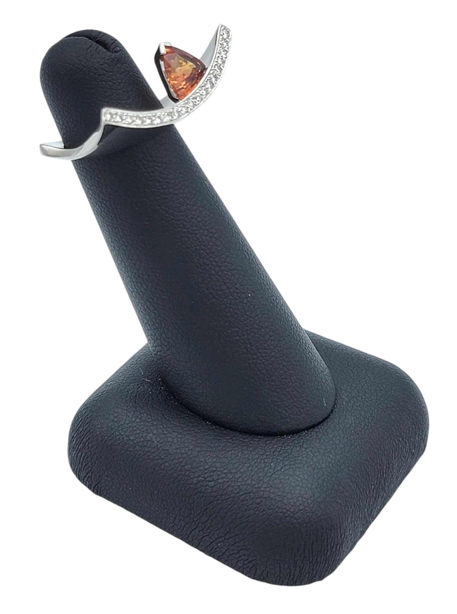 Contemporary Trillion Cut Spessitite and Pave Diamond Ring in 18 Karat Gold For Sale 8