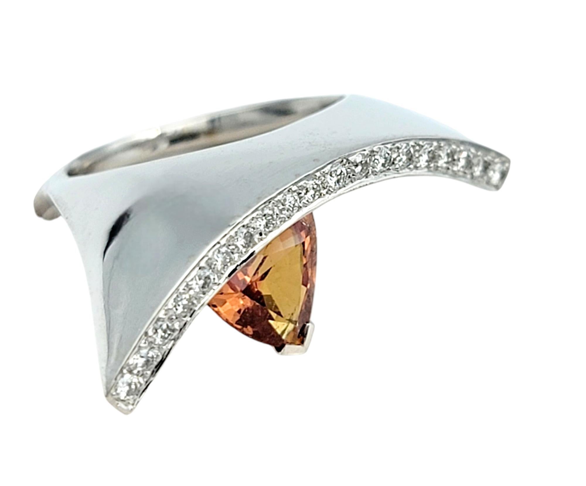 Women's Contemporary Trillion Cut Spessitite and Pave Diamond Ring in 18 Karat Gold For Sale