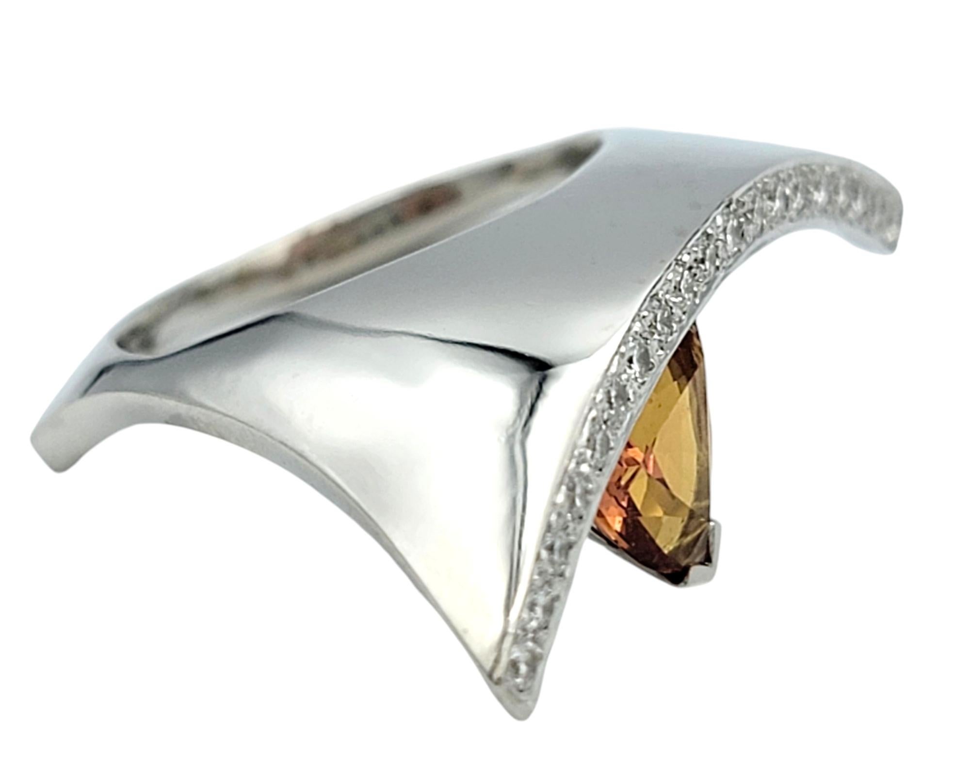 Contemporary Trillion Cut Spessitite and Pave Diamond Ring in 18 Karat Gold For Sale 1