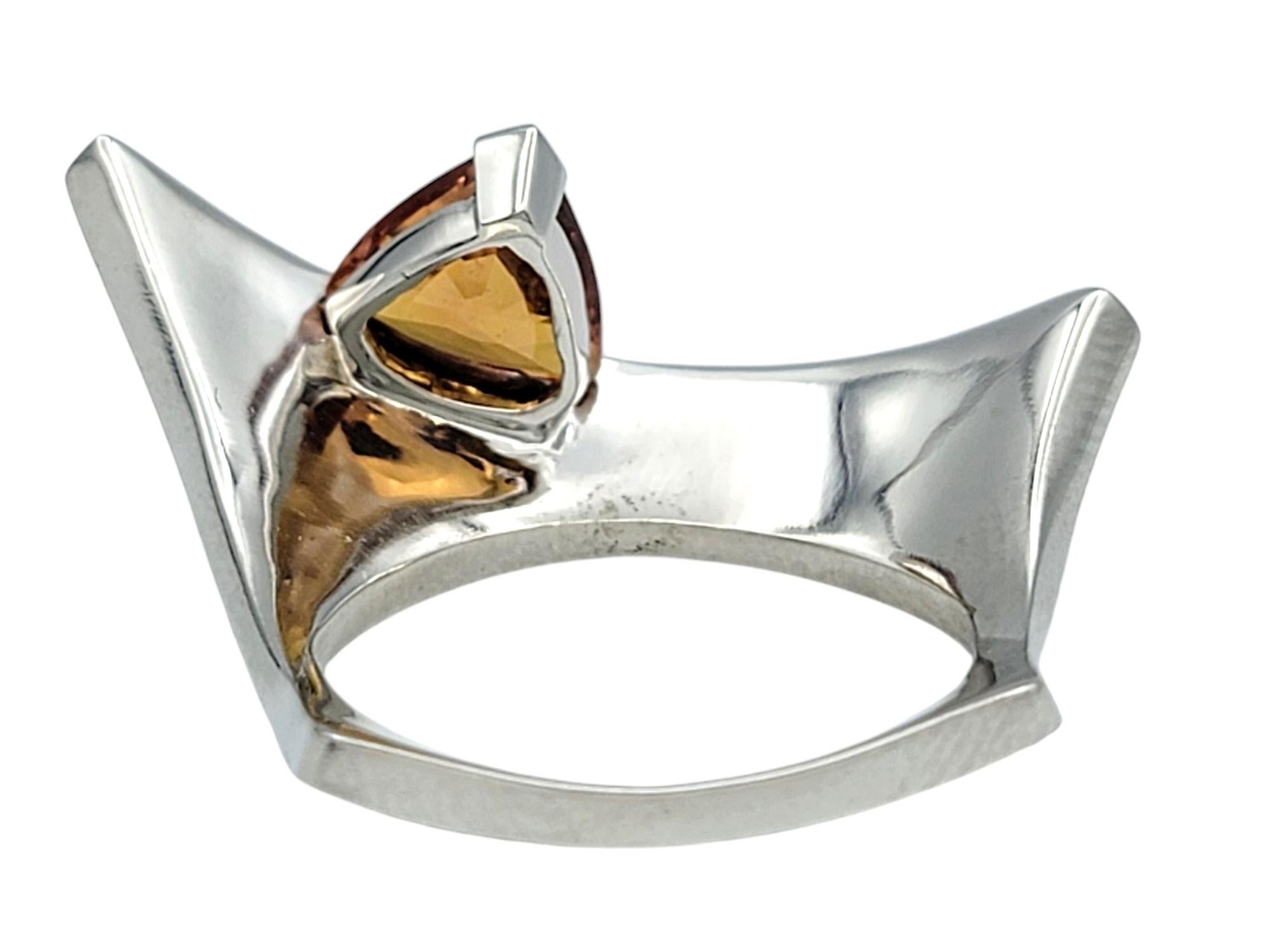 Contemporary Trillion Cut Spessitite and Pave Diamond Ring in 18 Karat Gold For Sale 2